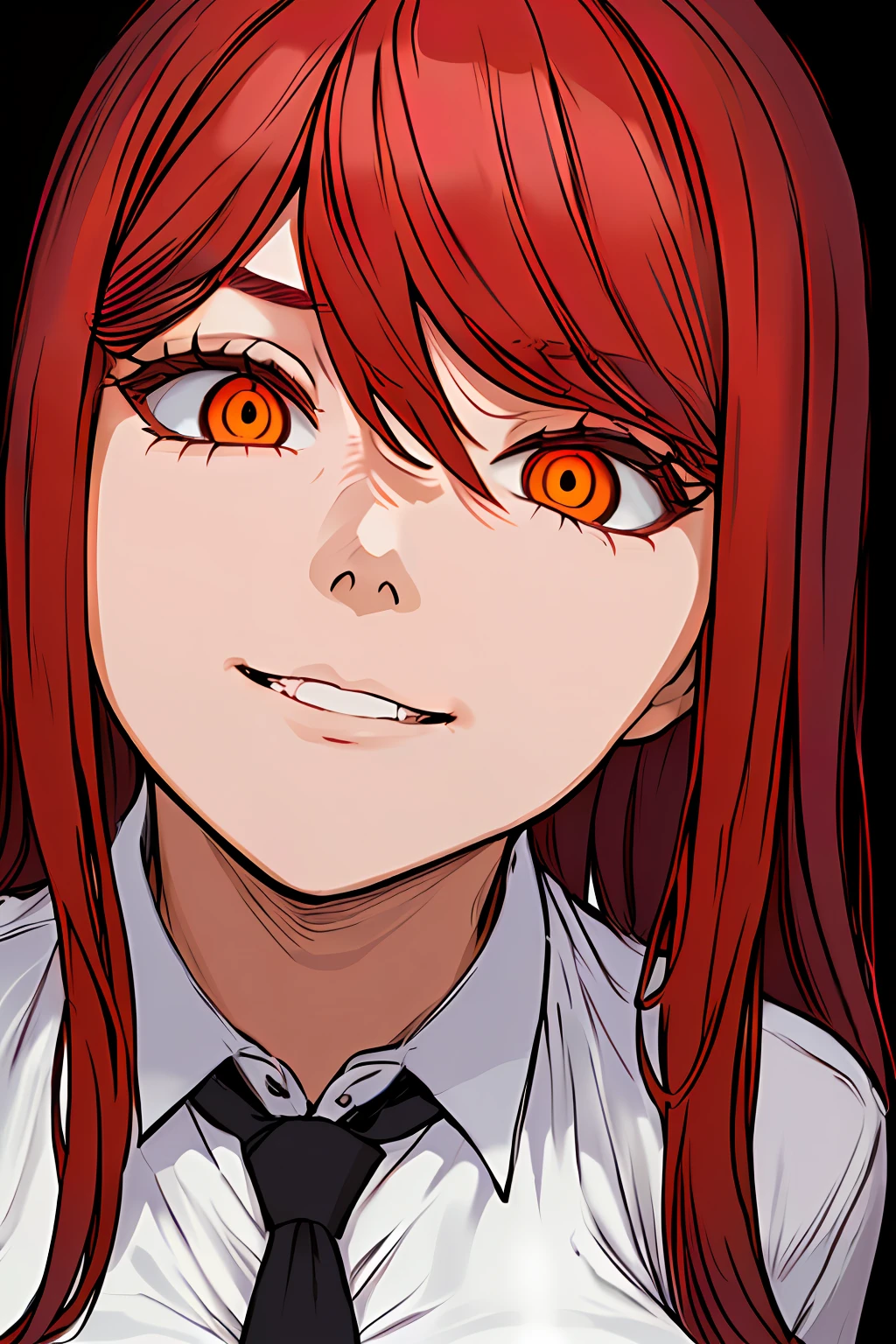 masterpiece, best quality, portrait, 1girl,makima \(chainsaw man\), solo, standing, red hair, long braided hair, (glowing golden eyes: 1.4), bangs, medium breasts, white shirt, necktie, stare, (disgusted,smile), (evil:1.2), looking at viewer, (interview:1.3), high resolution, (Face focus:1.4), (looking at viewer:1.15), (black background: 0.5), high angle, looking up