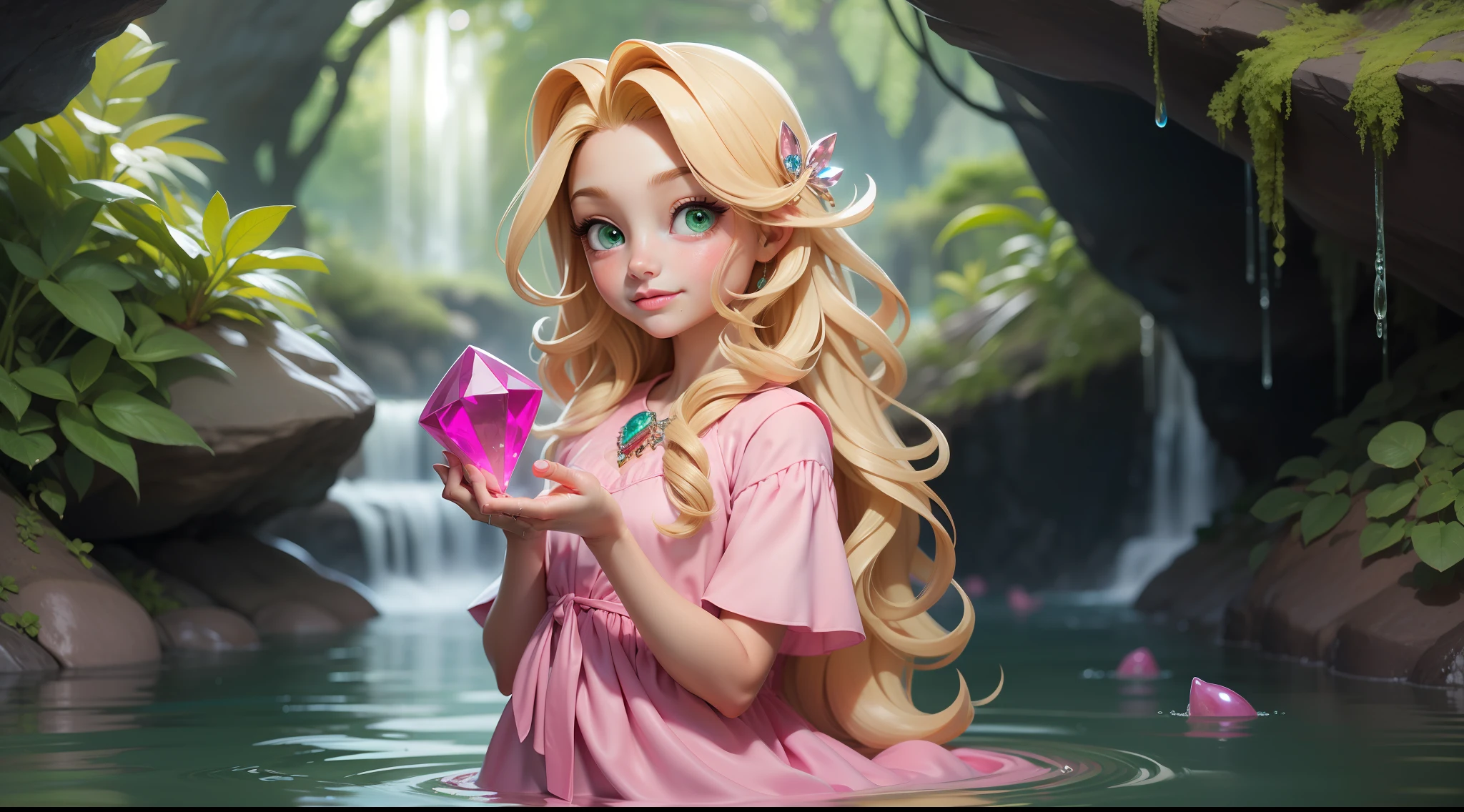 "Little human girl, 6 years old, long blonde hair, beautiful hair, WET HAIR, GREEN EYES, SIMPLE PINK DRESS, WET DRESS, HOLDING A JEWEL IN HAND, MAGIC JEWEL OF LIGHT, LUMINOUS JEWELRY, grotto scenery, bright cave, waterfall in the background."