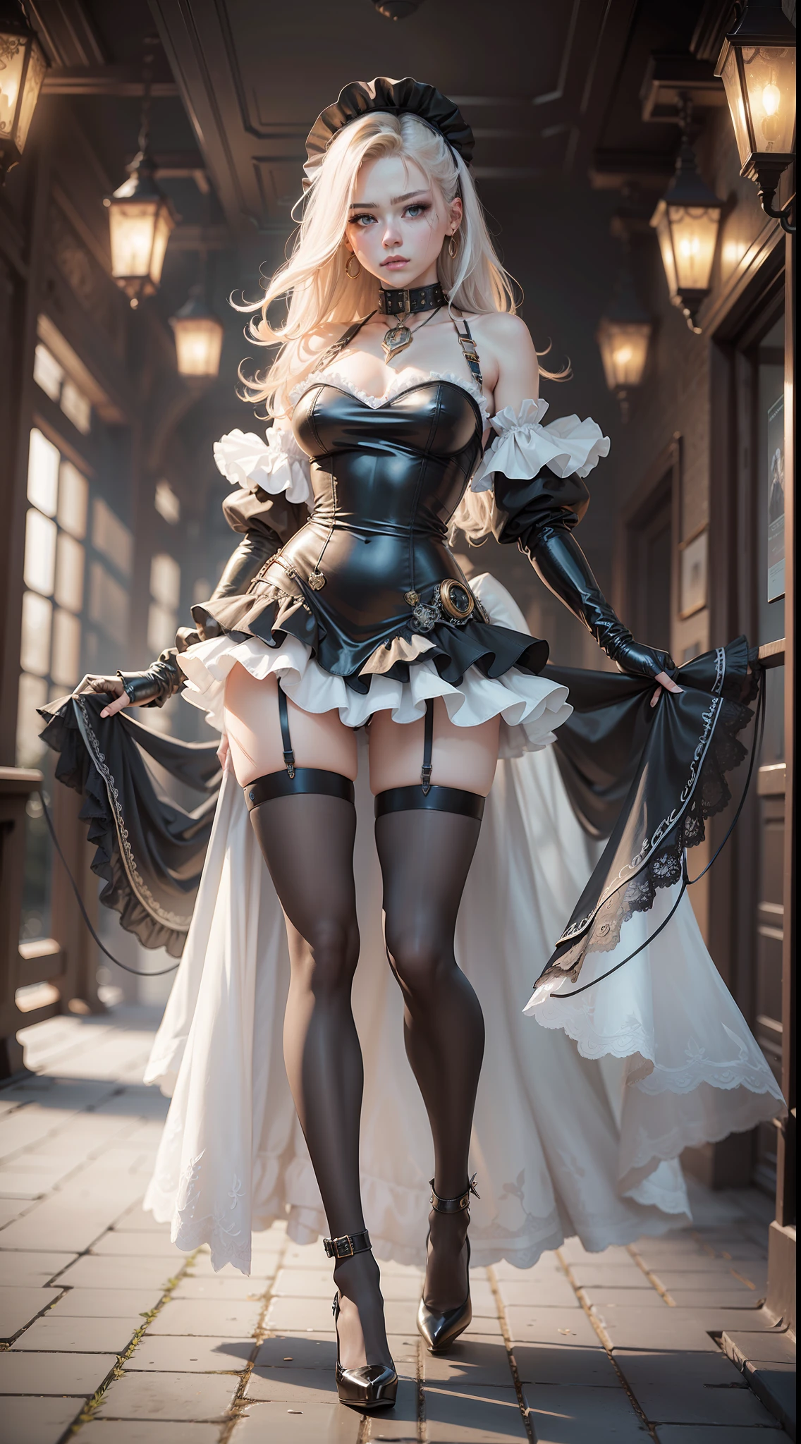 Claude Monet, Oil Painting, masutepiece, Cyberpunk style, Full body front view portrait, Slim woman, Leather version of the angel costume and a mechanical dress that combines a maid and net stockings, Lots of piercings, Mechanical High Heel, Gold Ruffles Lace Maid Apron, Beautiful hair, Mechanical collar spiked around her neck, With soft lighting that emphasizes her anger and pure eyes, highlight details, With a pale face, In fog and fog, Dreamy haze. Images are photorealistic, Ultra high definition, Showcasing intricate details captured with manual focus