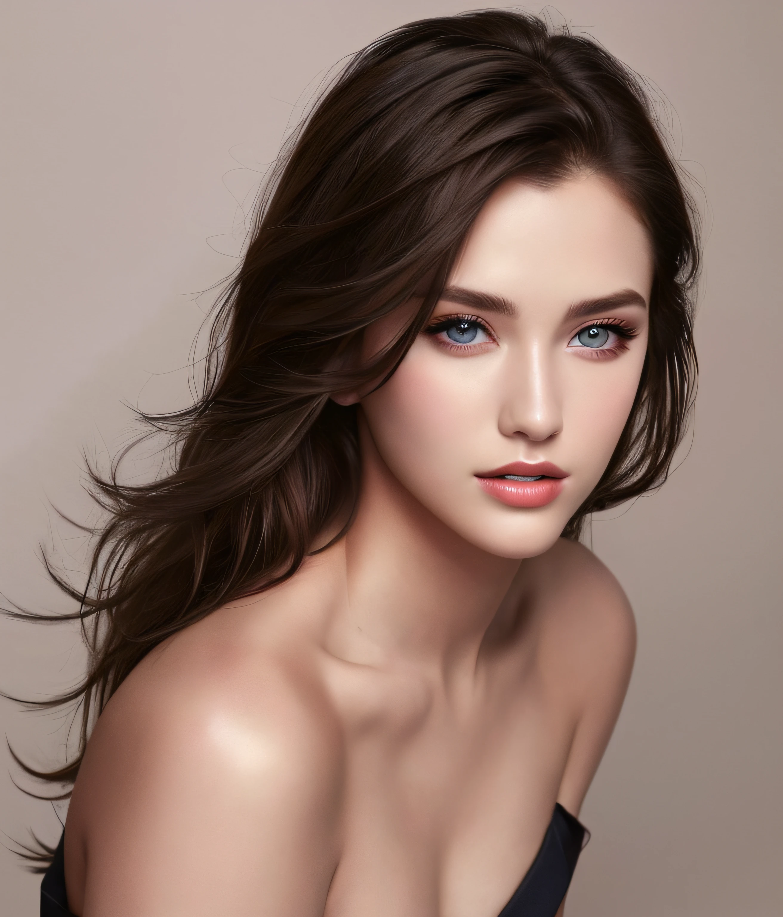 fashion model 24 years old,  , [[[[closeup]]]], [[[[chest]]]], [[[[neck]]]], [[[[shoulders]]]], perfect eyes, perfect iris, perfect lips, perfect teeth, perfect skin, soft front light, glow, HDR, (muted colors:1.2)