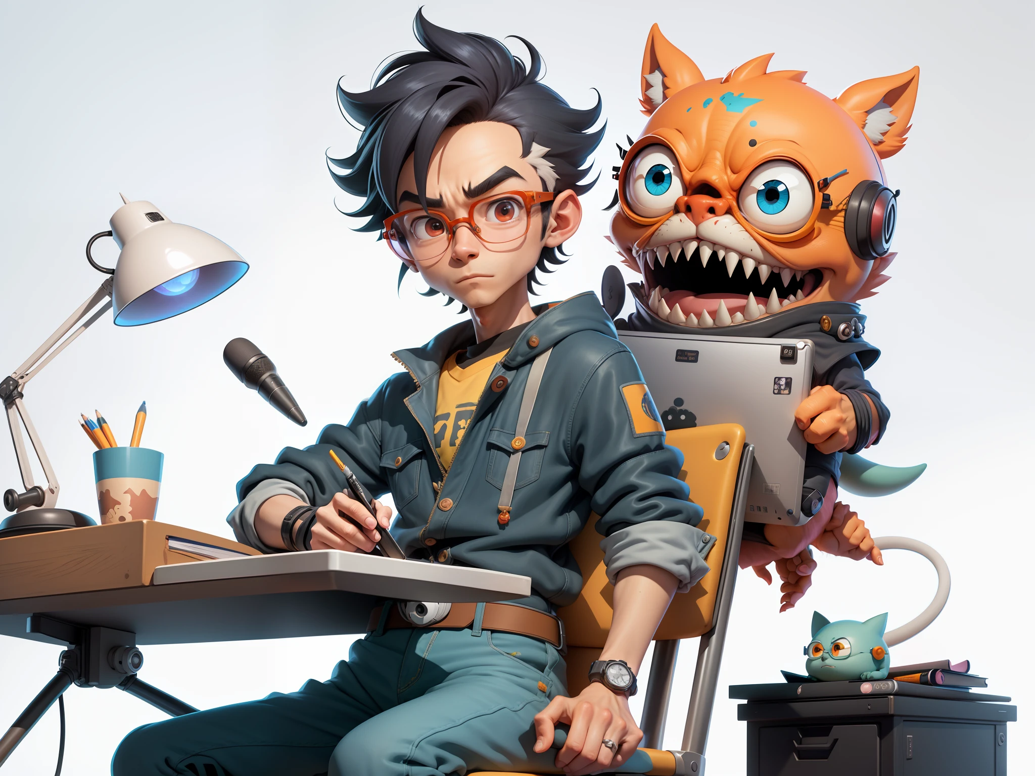 A young man with glasses sits at his desk,holding laptop,digitial painting,3D character design by Mark Clairen and Pixar and Hayao Miyazaki and Akira Toriyama,4K HD illustration,Very detailed facial features and cartoon-style visuals。