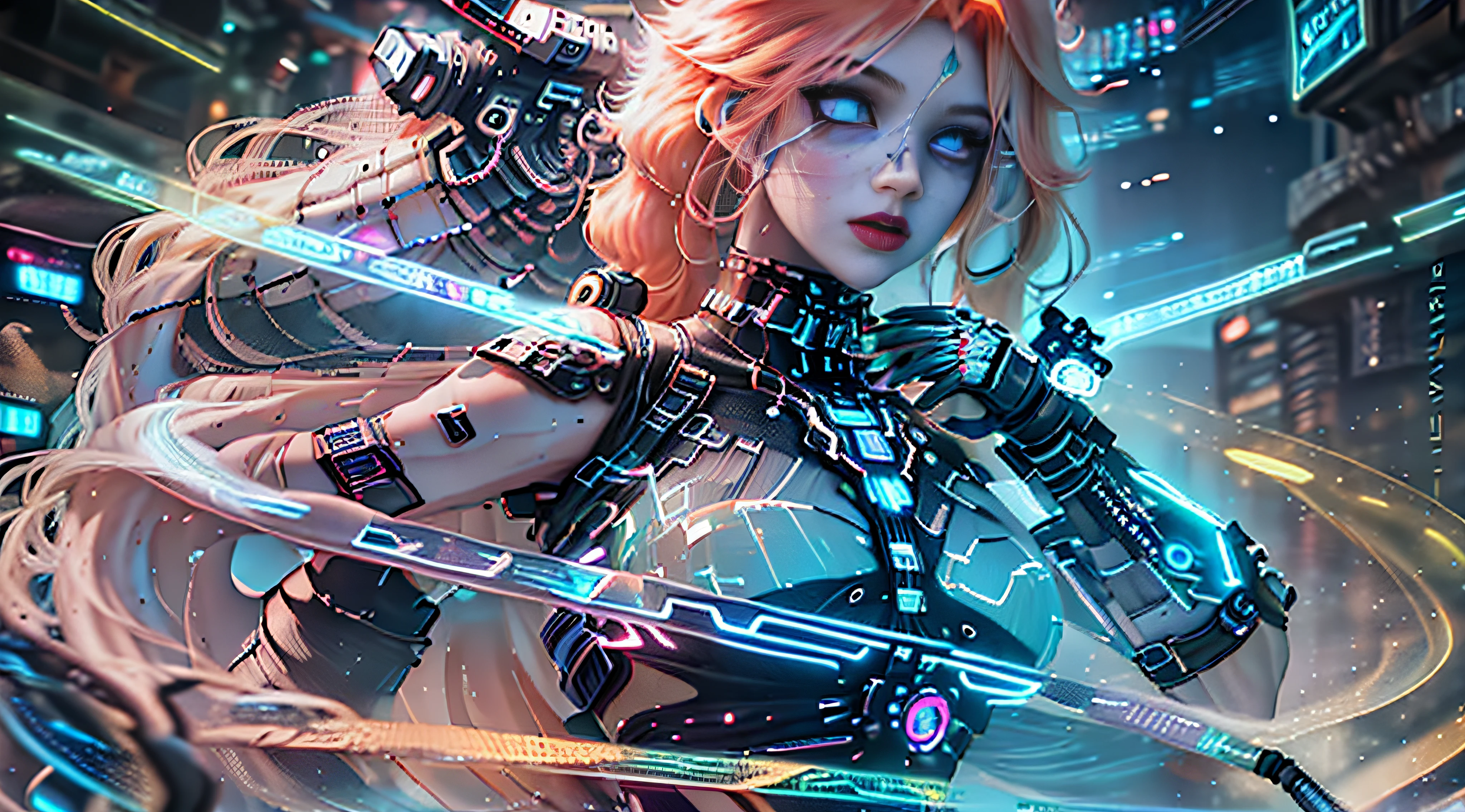 [best quality, ultra-detailed CG art:1.2],floating,mysterious scene, neon lights, shrouded in fog, techpunk aesthetics,androgynous figure, beautiful eyes, cyber makeup, vibrant hair:strawberry blonde, embedded with circuits, electric blue streaks,dynamic pose,glowing surroundings, energy distortion,ptercodactyl, night sky.
