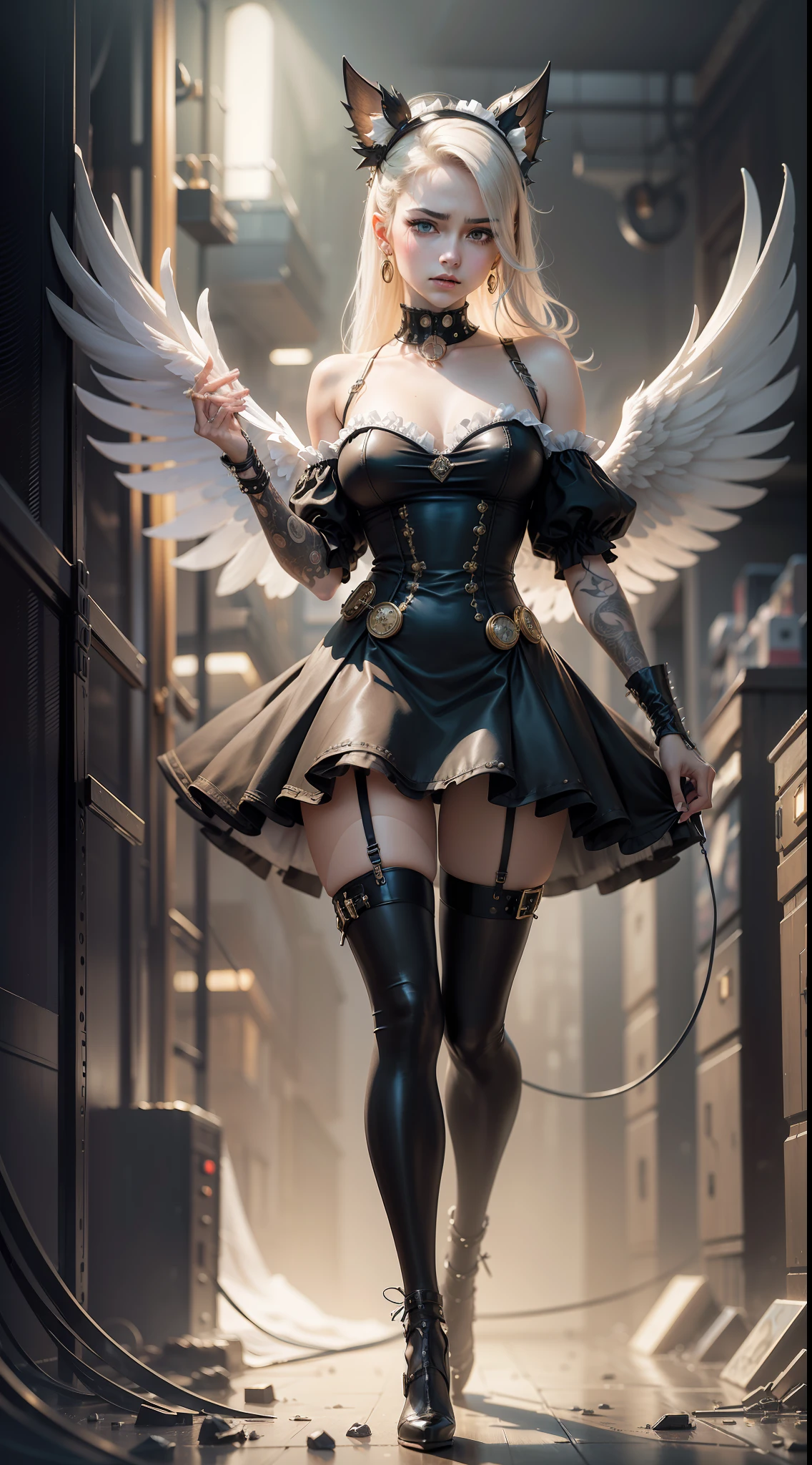 Claude Monet, Oil Painting, masutepiece, Cyberpunk style, Full body front view portrait, Slim woman, Leather version of the angel costume and a mechanical dress that combines a maid and net stockings, Lots of piercings, Mechanical High Heel, Gold Ruffles Lace Maid Apron, Beautiful hair, Mechanical collar spiked around her neck, With soft lighting that emphasizes her anger and pure eyes, highlight details, With a pale face, In fog and fog, Dreamy haze. Images are photorealistic, Ultra high definition, Showcasing intricate details captured with manual focus