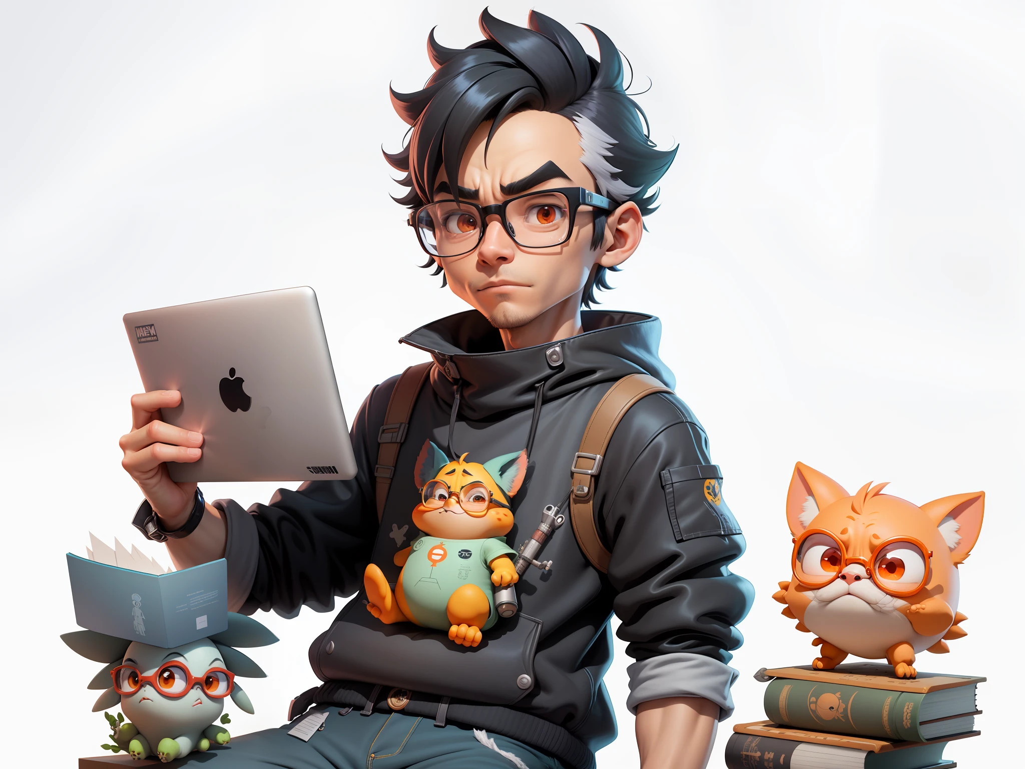 A young man with glasses sits at his desk,holding laptop,digitial painting,3D character design by Mark Clairen and Pixar and Hayao Miyazaki and Akira Toriyama,4K HD illustration,Very detailed facial features and cartoon-style visuals。