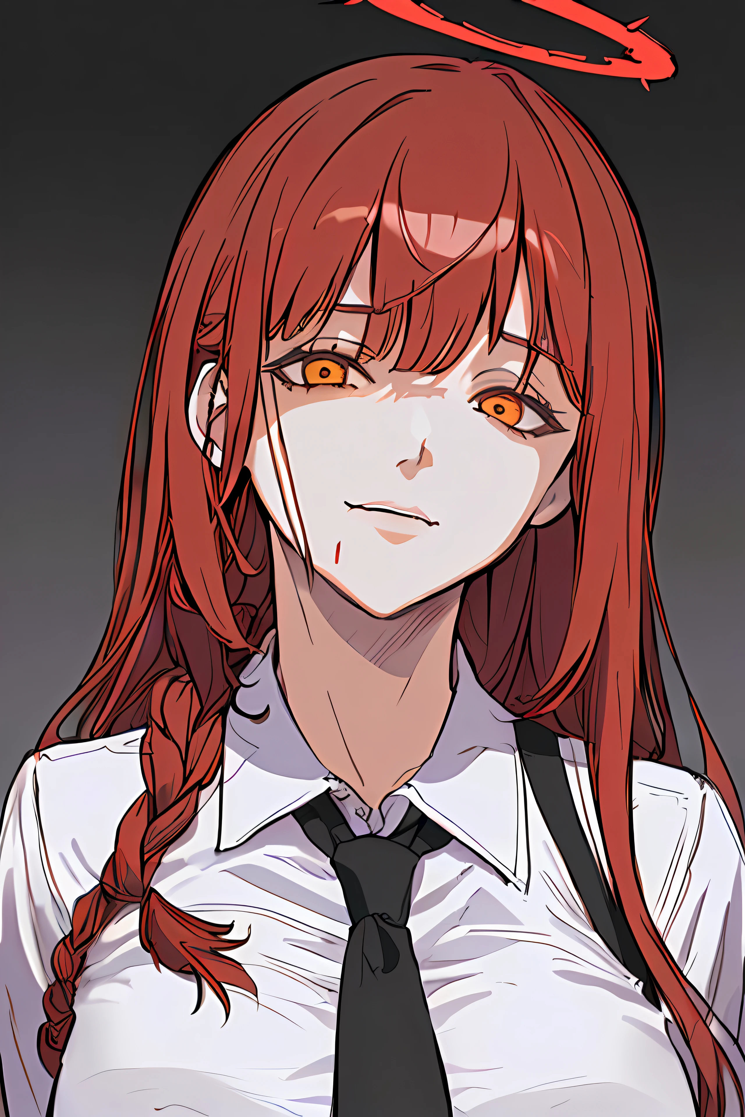 masterpiece, best quality, portrait, halo above her head, blood on her face, evil smile , 90s anime old style , high quality , illustration1girl,makima \(chainsaw man\), solo, standing, red hair, long braided hair, (glowing golden eyes: 1.4), bangs, medium breasts, white shirt, necktie, stare, (disgusted,smile), (evil:1.2), looking at viewer, (interview:1.3), high resolution, (Face focus:1.4), (looking at viewer:1.15), (black background: 0.5), high angle, looking up