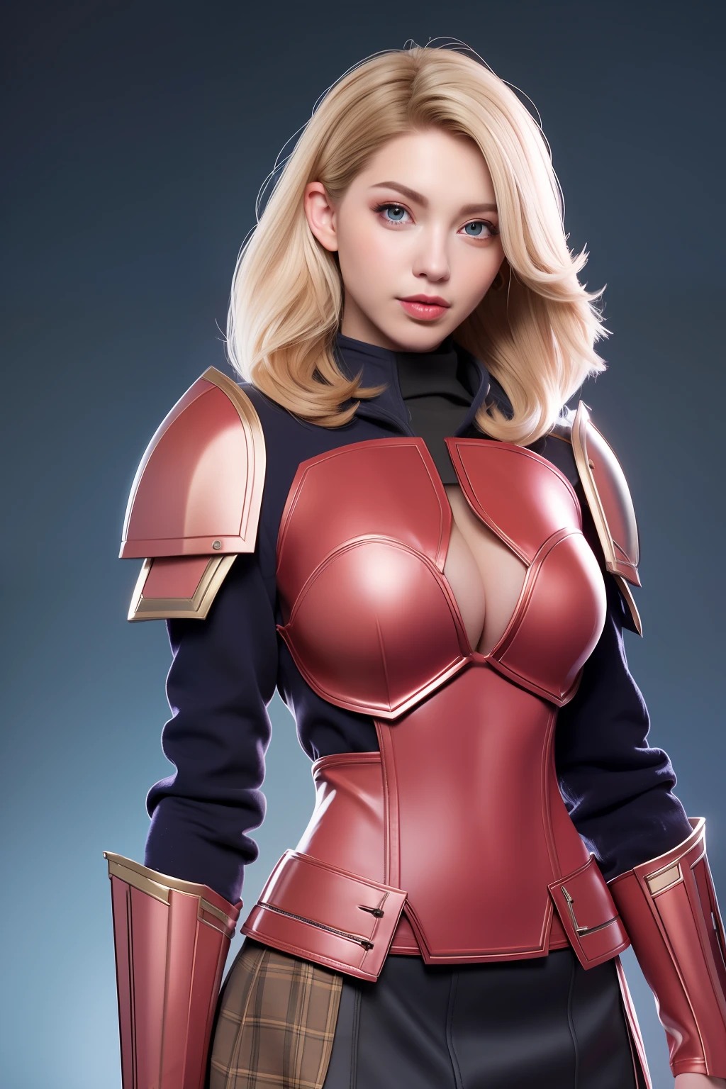 Beautiful Face Woman、a blond、Background of tartan check、 Beautuful Women、18year old、prety woman、hyper realistic photography、High-definition photos、red lipsticks、Mandalorian Style Metal Armor Skirt Suit、big eye、The skin is not very exposed、Do not cut your head off the screen、