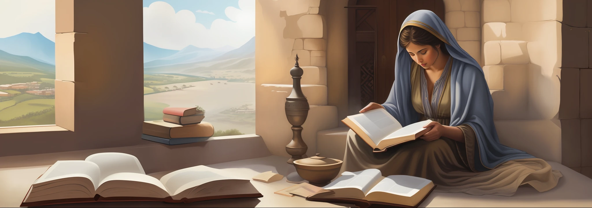 pintura de uma mulher lendo um livro em um parapeito de janela, bible illustration, full-colour illustration, mother sarah artist, Directed by: Juan O'Gorman, biblical art, biblical art style, biblical painting, mary in a sanctuary, Christian art, da aldeia lendo um livro, biblical image, beautiful depiction, Directed by: Scott Gustafson, Directed by: Jason Felix, detailed book illustration, mayor
