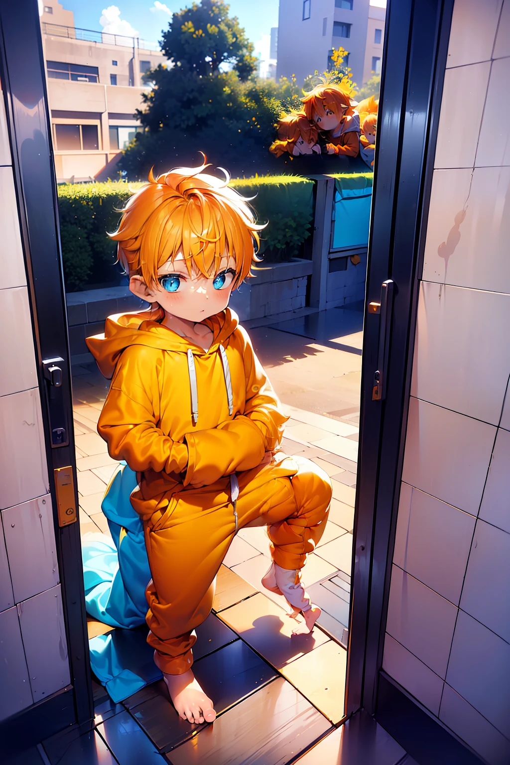 1 Little boy with Orange colored hair and shiny, glowing cyan eyes and barefoot and small feet, who wear a yellow oversized hoodie and sweatpants, die auf einem Fenstersims sitzen, flush, Jung, Junge, Kind, klein, Kleinkind, tiny feet, (Jogginghose:1.4), (Jung:1.4), (Kind:1.4), (Shota:1.4), (Kapuzenpullover:1.4),