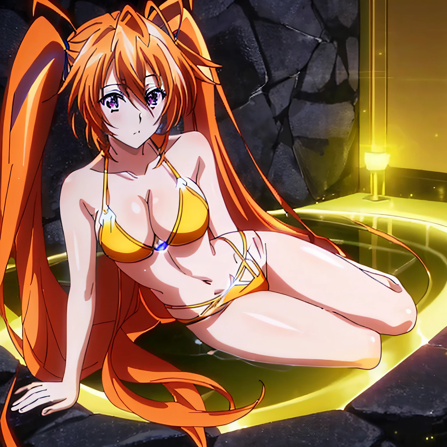 masterpiece, best quality, ultra-detailed, hires, beautiful, detailed hair and eyes, 1girl, purple eyes, (Irina Shidou dxd), antenna hair, orange hair, long hair, twintails, very long hair, ((beautiful detailed eyes, beautiful detailed glow, lots of glow)), anime screencap, bikini, pool, full body, sitting