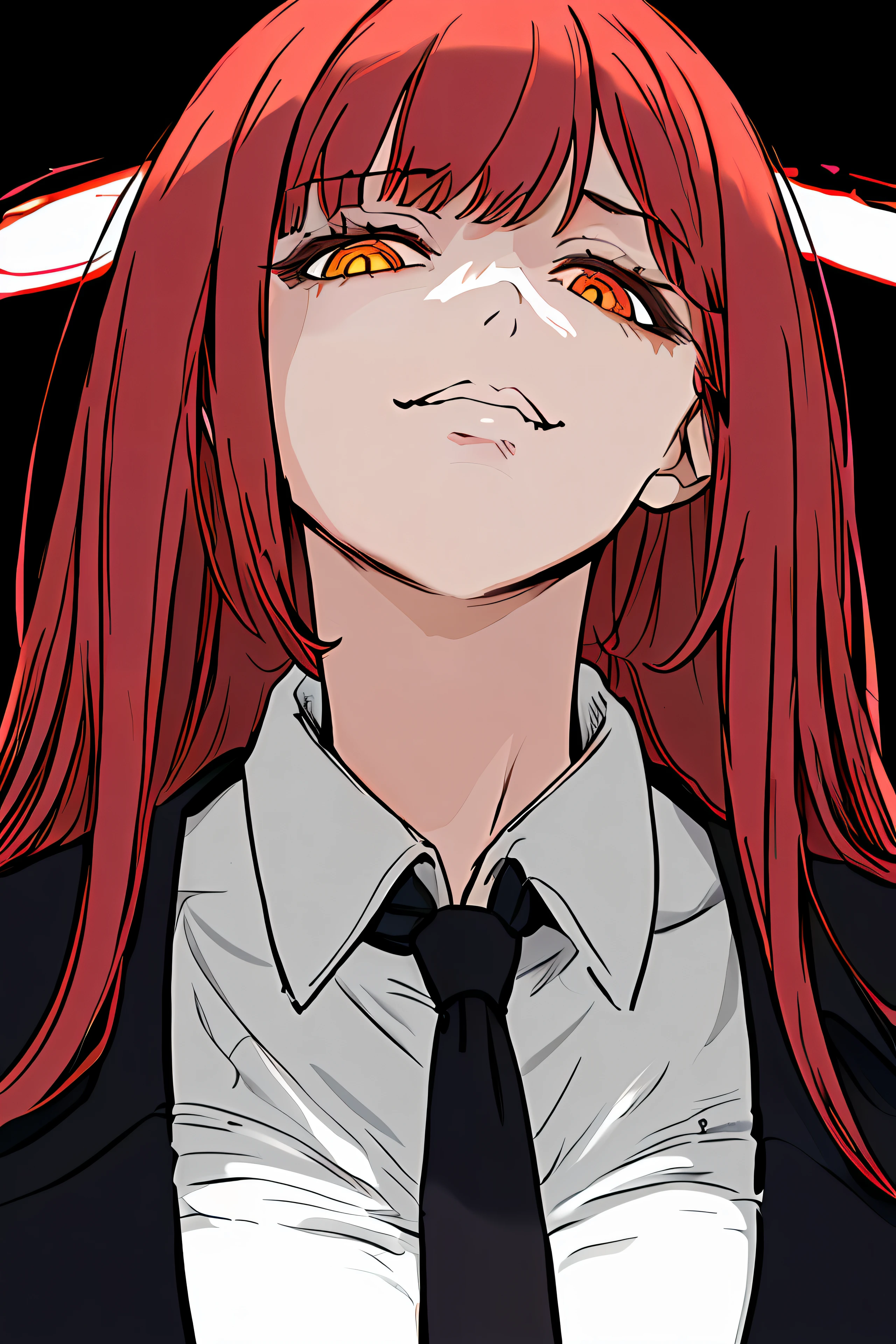 masterpiece, best quality, portrait, halo above her head, blood on her face, evil smile , 90s anime old style , high quality , illustration1girl,makima \(chainsaw man\), solo, standing, red hair, long braided hair, (glowing golden eyes: 1.4), bangs, medium breasts, white shirt, necktie, stare, (disgusted,smile), (evil:1.2), looking at viewer, (interview:1.3), high resolution, (Face focus:1.4), (looking at viewer:1.15), (black background: 0.5), high angle, looking up , bad ass abandoned background