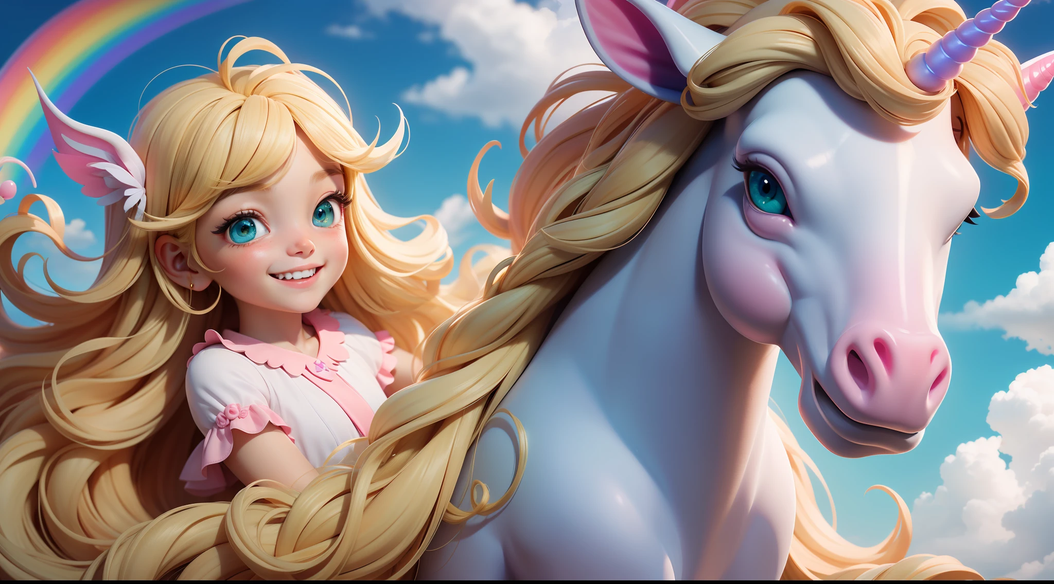 "Little human girl, , long blonde hair, beautiful hair, green eyes, beautiful eyes, wide smile, very happy, SIMPLE PINK DRESS, MOUNTED ON WHITE UNICORN, FLYING THROUGH THE SKY, MOUNTED ON WHITE UNICORN, BLUE SKY, SUNNY DAY, TINY FAIRIES AROUND, ALL HAPPY, RAINBOW IN THE BACKGROUND."