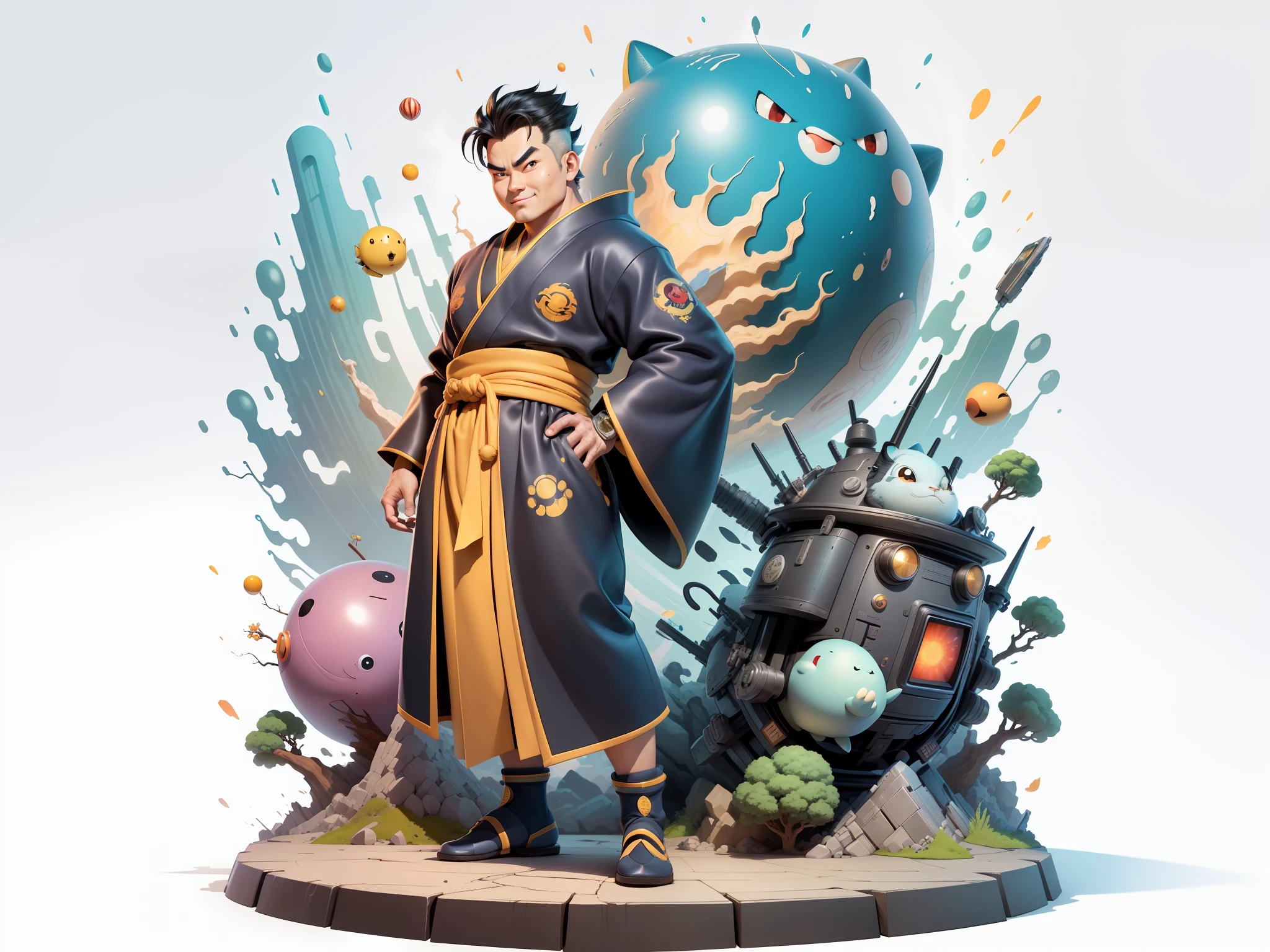 (Masterpiece), (Excellent), (Super Meticulous), (Full Body: 1.2), Super Young Man, Oriental Face, Japanese Kimono, Japanese Wind Thunder God, Dragon, Tiger, TV Anchor, Bust Portrait Illustration, Alone, Black Suit, Blue Tie, Slightly Chubby Face, Very Clean Face, No Beard, Black Super Short Hair, Black Eyes, Confident Smile, 3c Computer Sub-Products, iPad, iPhone, Digital Painting, 3D Character Design by Akira Toriyama and Mark Claireden and Pixar and Hayao Miyazaki, The illustration is a high-definition illustration in 4K resolution with very detailed facial features and cartoon-style visuals.