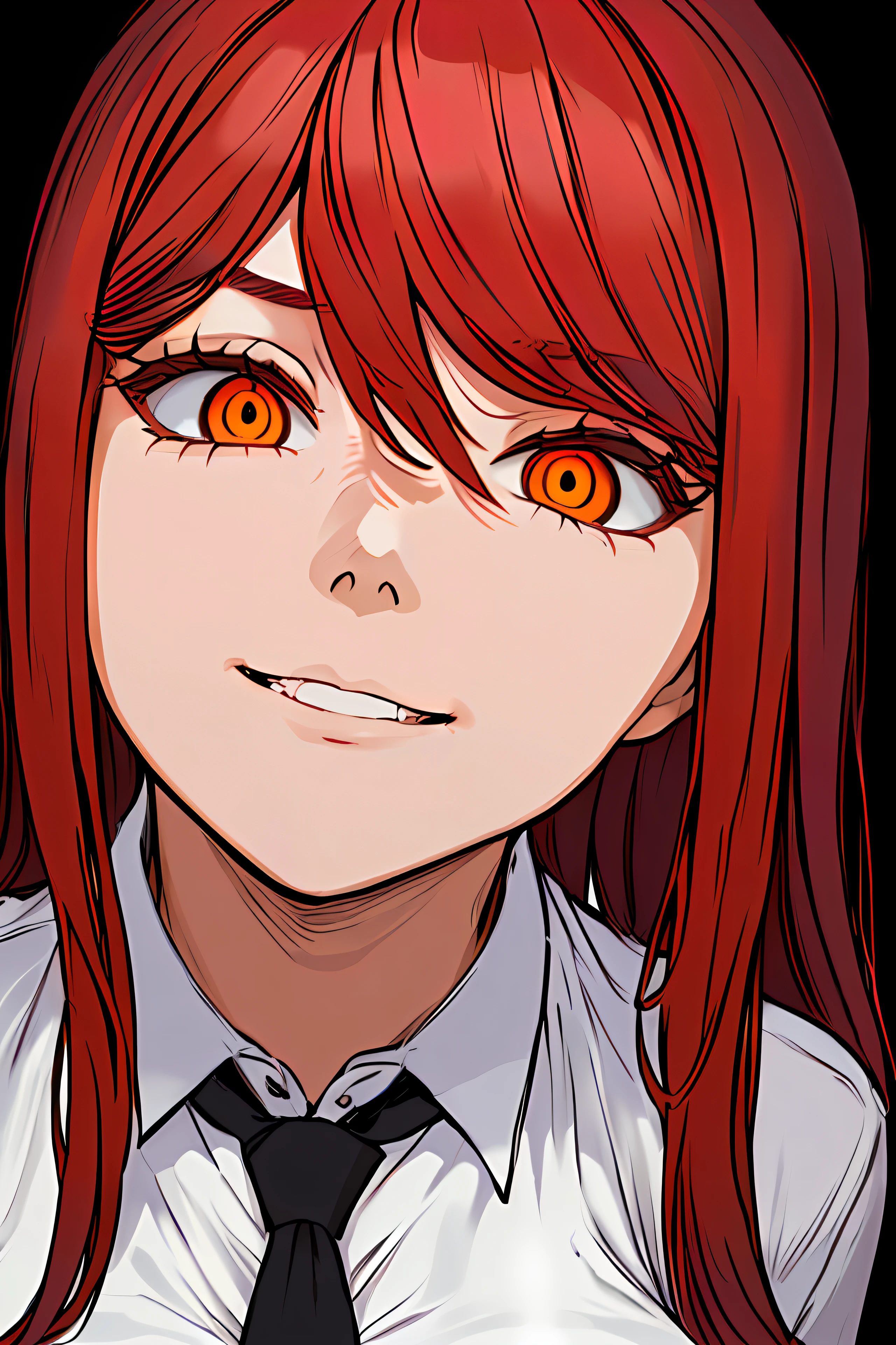 masterpiece, best quality, portrait, 1girl,makima \(chainsaw man\), solo, standing, red hair, long braided hair, (glowing golden eyes: 1.4), bangs, medium breasts, white shirt, necktie, stare, (disgusted,smile), (evil:1.2), looking at viewer, (interview:1.3), high resolution, (Face focus:1.4), (looking at viewer:1.15), (black background: 0.5), high angle, looking up