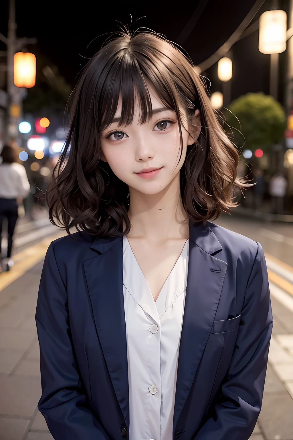 studio lights、depth of fields、The upper part of the body、A slender、cute face、A smile、Beautiful detail eyes、Japan 19 years old、cute little、voluminous curls of dark color,,、plaza、rcasual、Suits