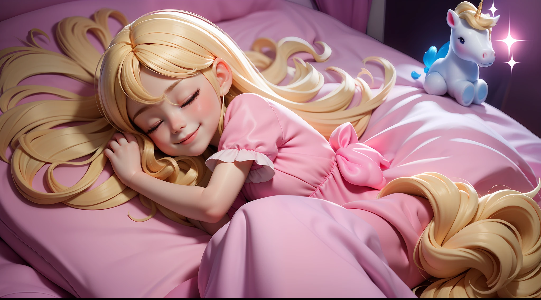 "Little human girl, 6 years old, long blonde hair, beautiful hair, closed eyes, wide smile, very happy, SIMPLE PINK DRESS, lying on the bed, spectator seeing from above, glitter around the bed, intense glow around the bed, stuffed doll, white unicorn doll on top of the girl."