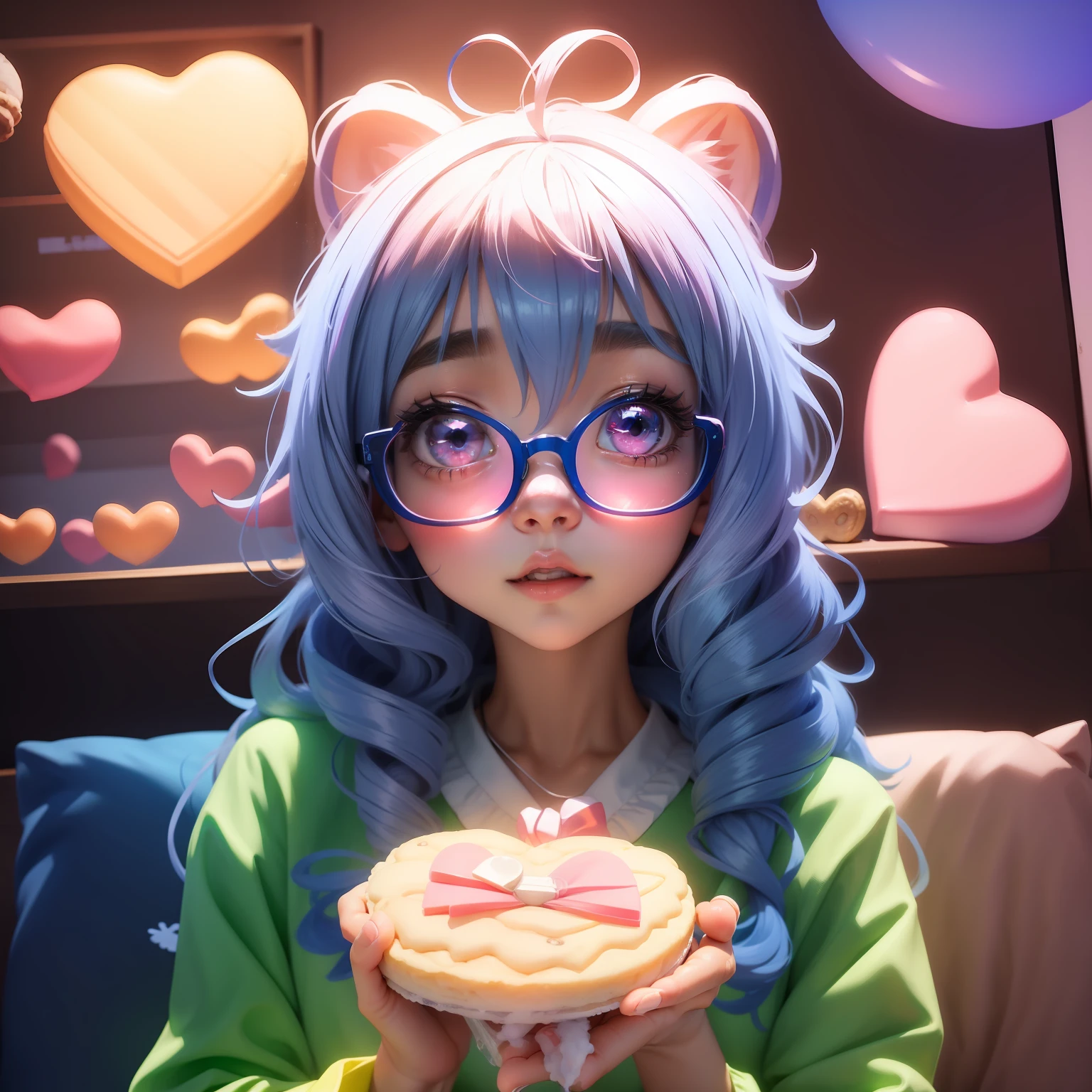 bonito , olhos brilhantes e macios , eating a heart biscuit , Cores rosa pastel e azul , Hearts in neon lights , Detalhes do doce , gatinho bonito com grandes olhos brilhantes , Beautiful heart glasses , imagem muito fofa, estilo anime ,Meninao do rosto, Menina coreaime realista, beautiful floating hearts and soap bubbles .