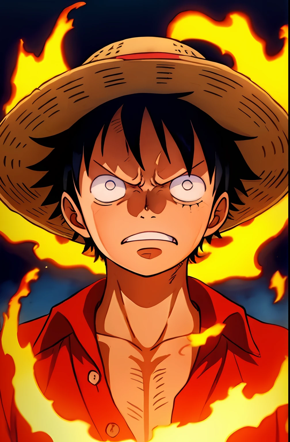 1boy, wanostyle, monkey d luffy, angry looking, straw hat, looking at viewer, solo, upper body, (((masterpiece))), ((best quality)), (extremely detailed), watercolor, illustration, depth of field, sketch, dark intense shadows, sharp focus, soft lighting, hdr, colorful, good composition, fire all around, spectacular, closed shirt, anime screencap