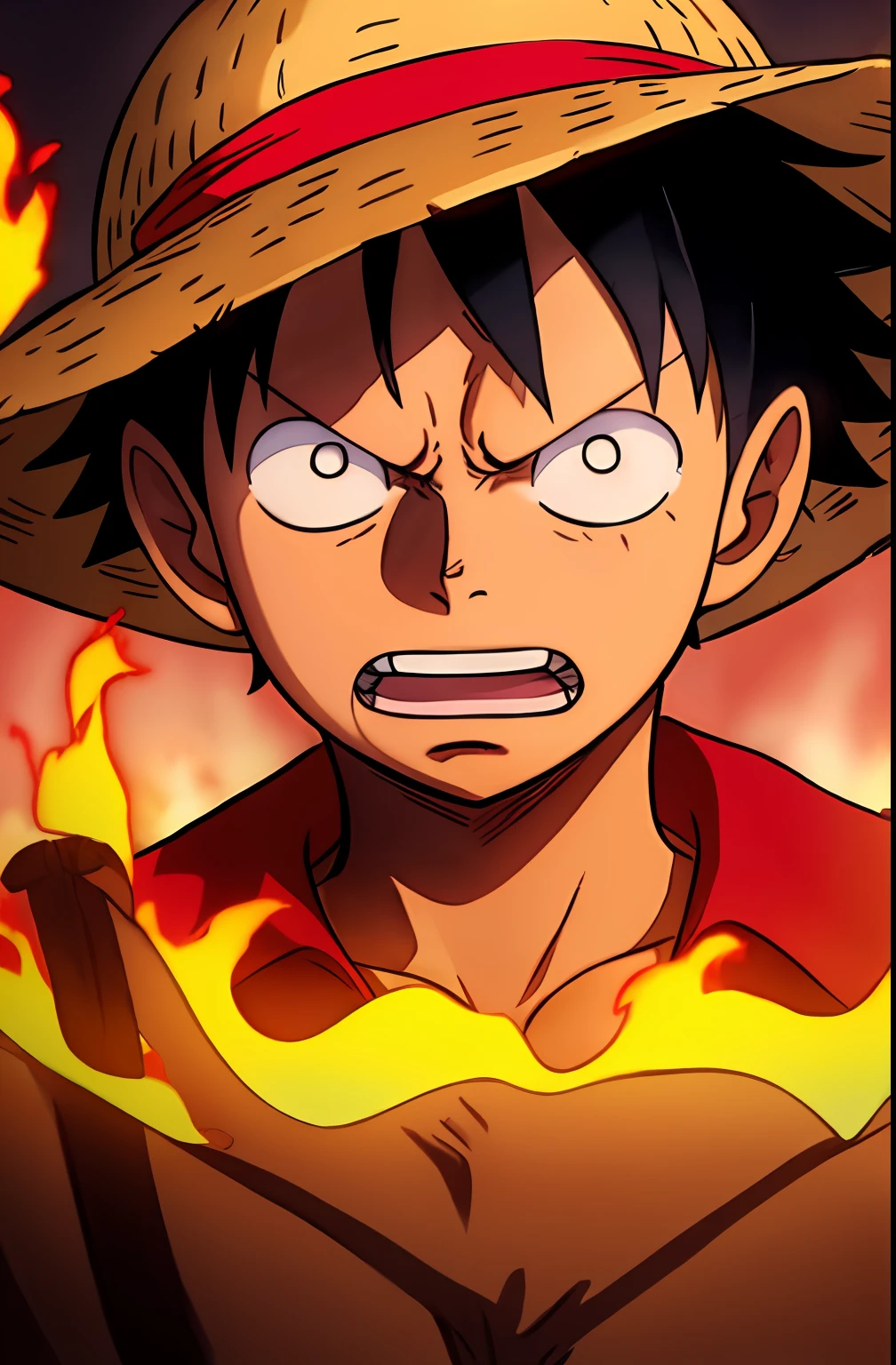 1boy, wanostyle, monkey d luffy, angry looking, straw hat, looking at viewer, solo, upper body, (((masterpiece))), ((best quality)), (extremely detailed), watercolor, illustration, depth of field, sketch, dark intense shadows, sharp focus, soft lighting, hdr, colorful, good composition, fire all around, spectacular, closed shirt, anime screencap