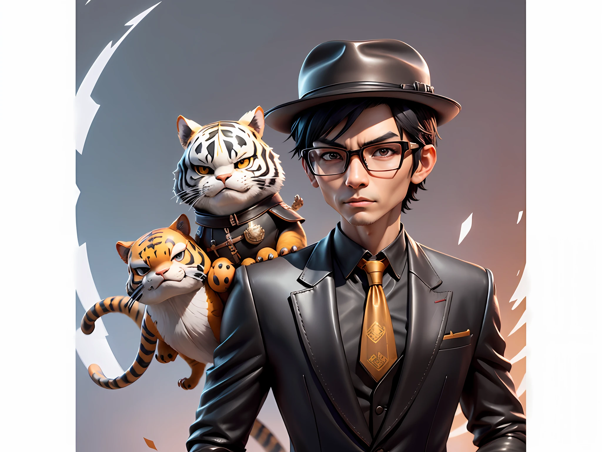 Young man with leather hat, tiger, dragon, oriental face in formal suit, short black hair, silver glasses, digital painting, 3D character design by Mark Clairedon and Pixar and Hayao Miyazaki and Akira Toriyama, the illustration is a high-definition illustration in 4K resolution with very detailed facial features and cartoon-style visuals.