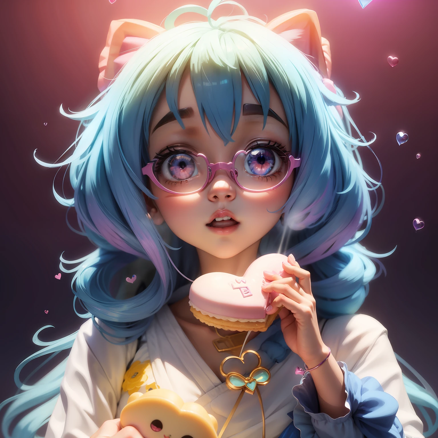 bonito , olhos brilhantes e macios , eating a heart biscuit , Cores rosa pastel e azul , Hearts in neon lights , Detalhes do doce , gatinho bonito com grandes olhos brilhantes , Beautiful heart glasses , imagem muito fofa, estilo anime ,Meninao do rosto, Menina coreaime realista, beautiful floating hearts and soap bubbles .