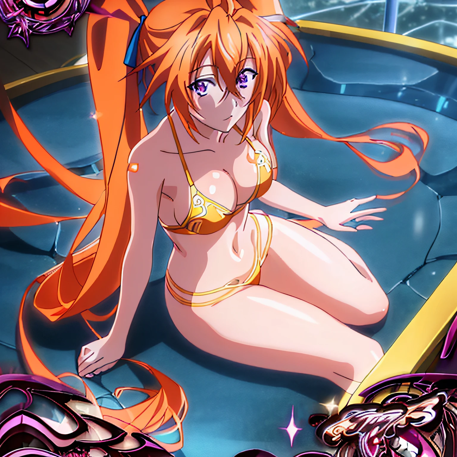 masterpiece, best quality, ultra-detailed, hires, beautiful, detailed hair and eyes, 1girl, purple eyes, (Irina Shidou dxd), antenna hair, orange hair, long hair, twintails, very long hair, ((beautiful detailed eyes, beautiful detailed glow, lots of glow)), anime screencap, bikini, pool, full body, sitting