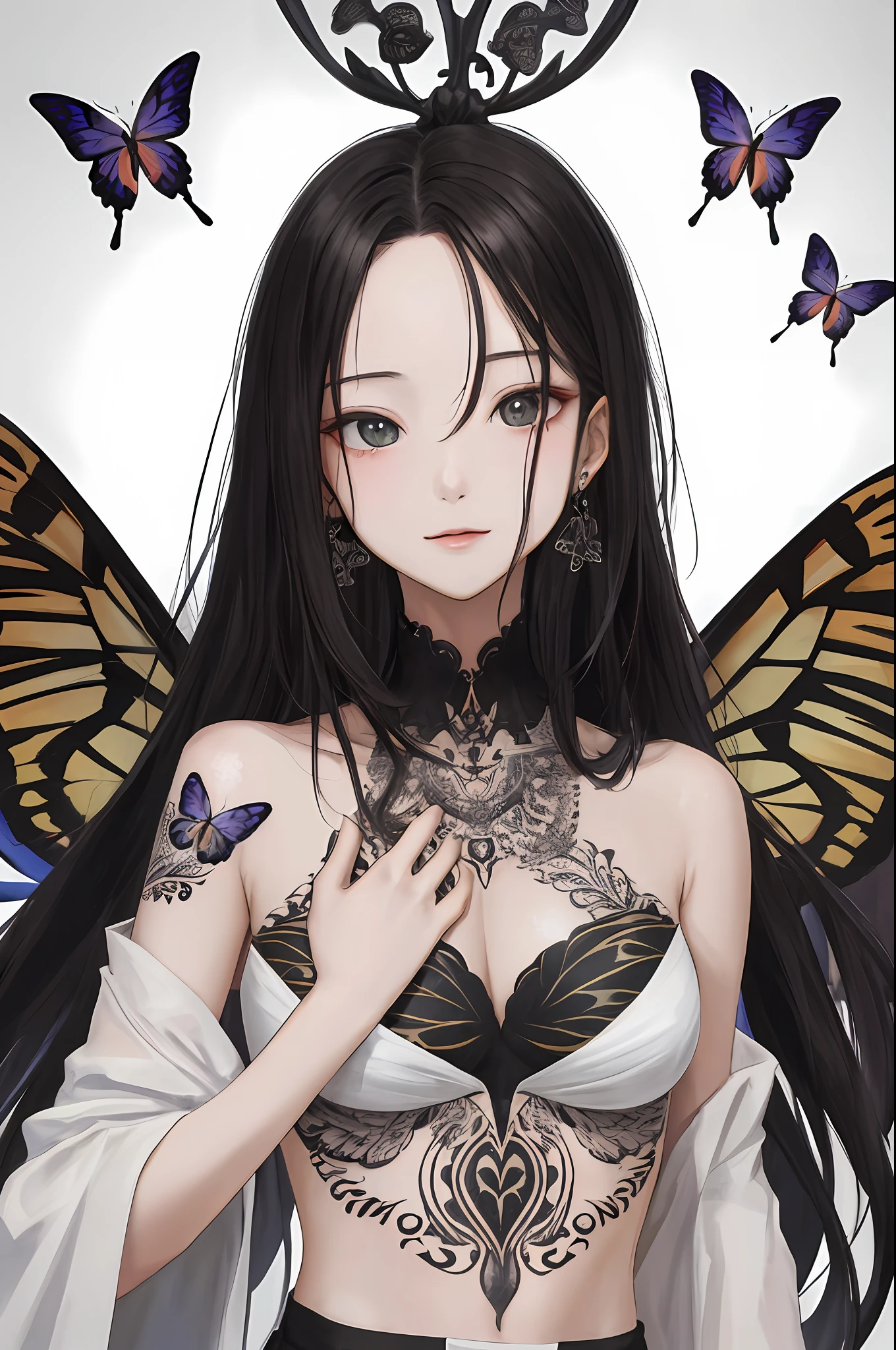 Best quality，tmasterpiece，Kizi，Black hair，黑The eye，Melon seed face，Butterflies tattooed on the chest，closeup of face