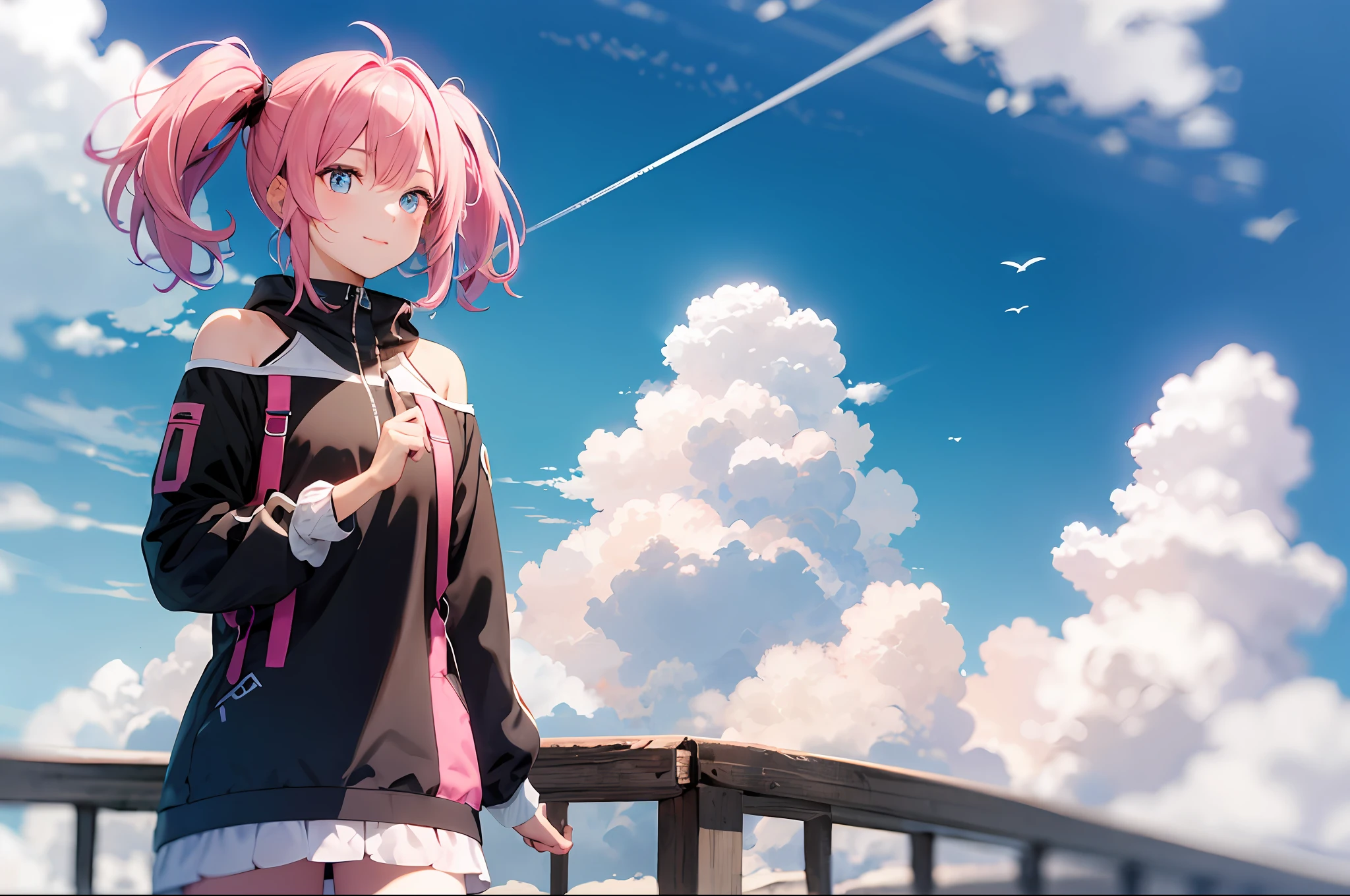 A girl with pink hair and blue eyes poses for a photo with clouds and blue sky in the background