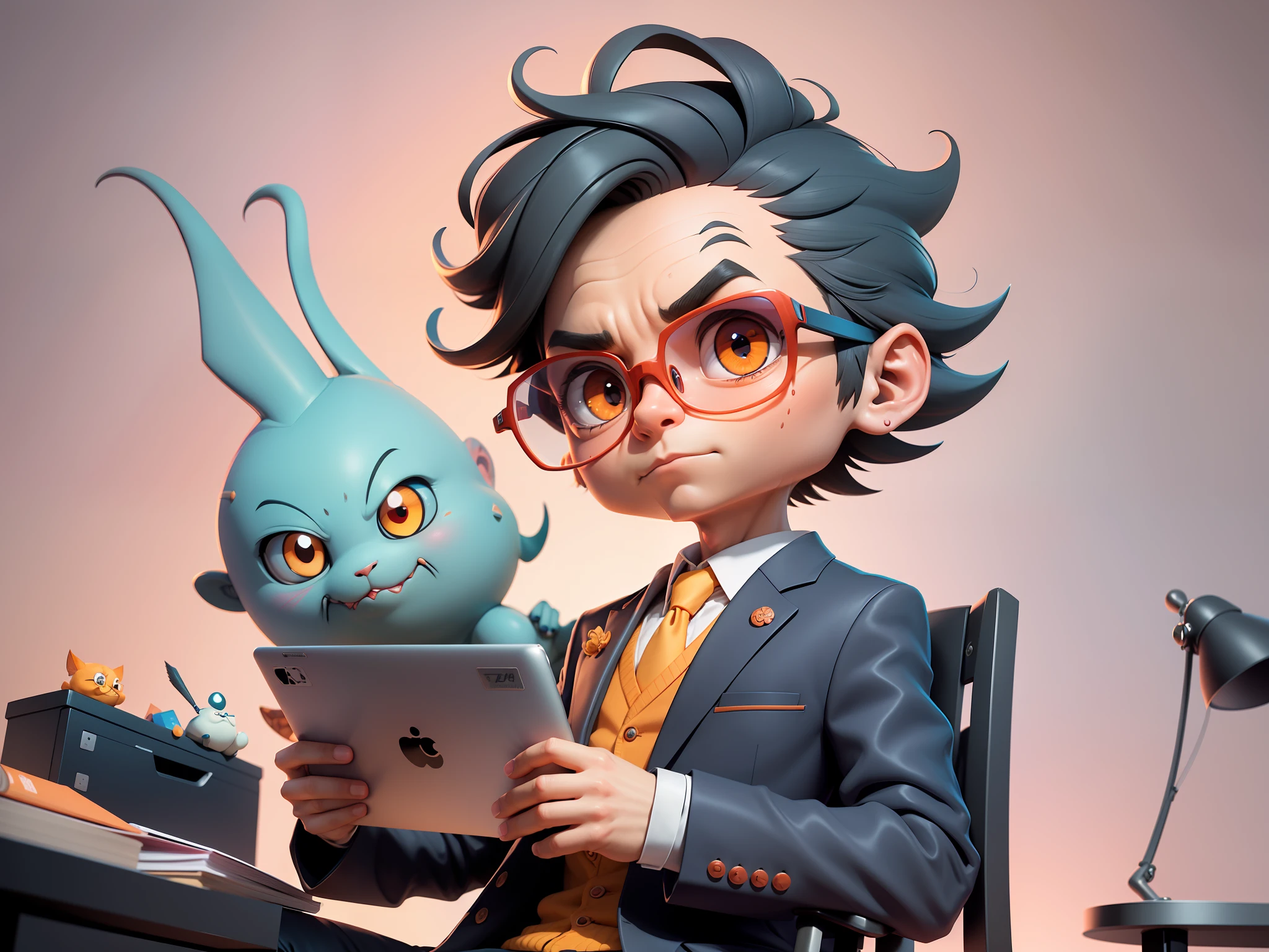 A young man in a suit, Short hair and glasses sat at his desk，holding laptop，digitial painting，tigre，3D character design by Mark Clairen and Pixar and Hayao Miyazaki and Akira Toriyama，4K HD illustration，Very detailed facial features and cartoon-style visuals。