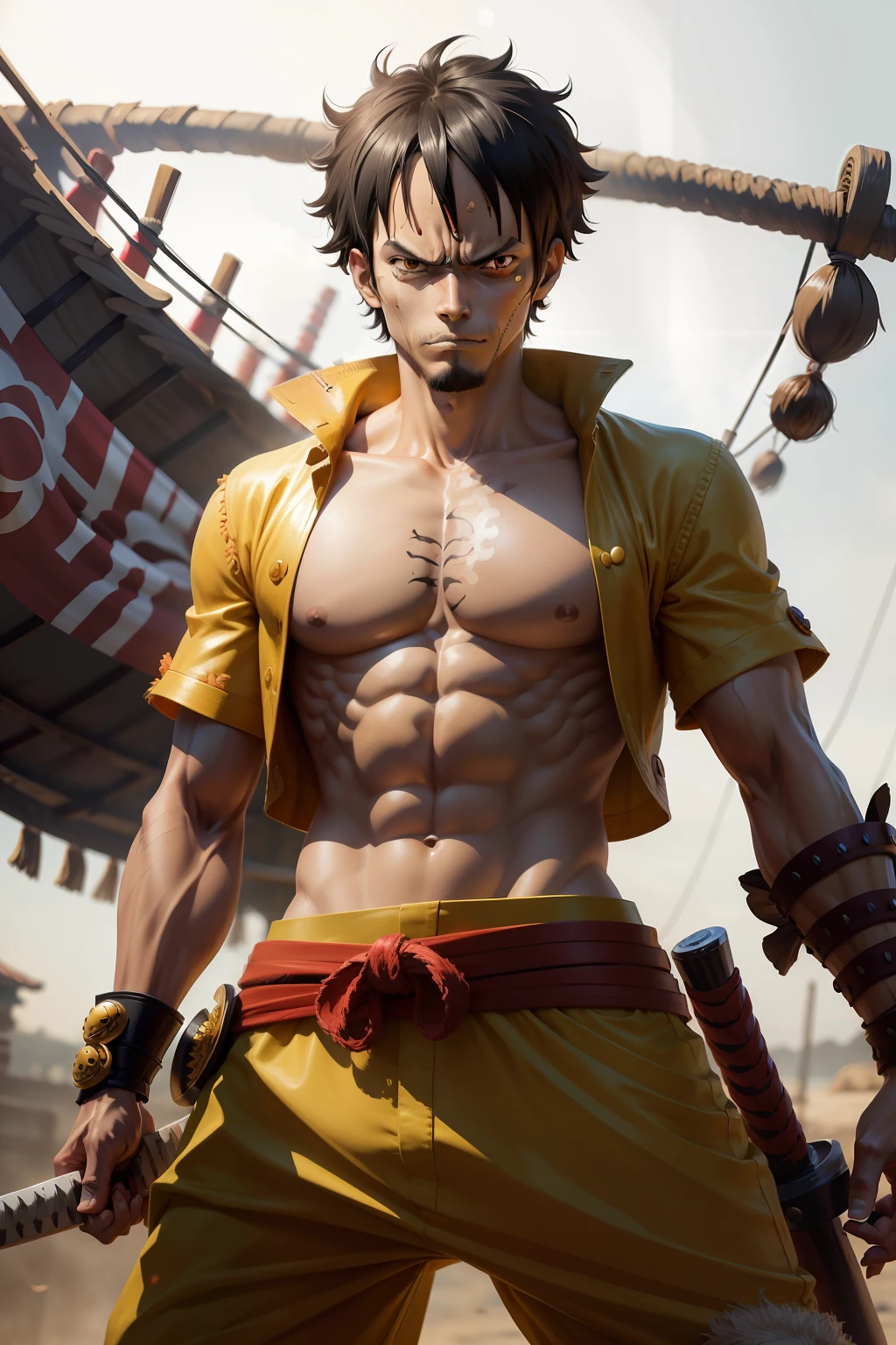 Macaco D. Luffy (one piece) Samurai with incredible details, thematic, rosto detalhado, Armadura Samurai.