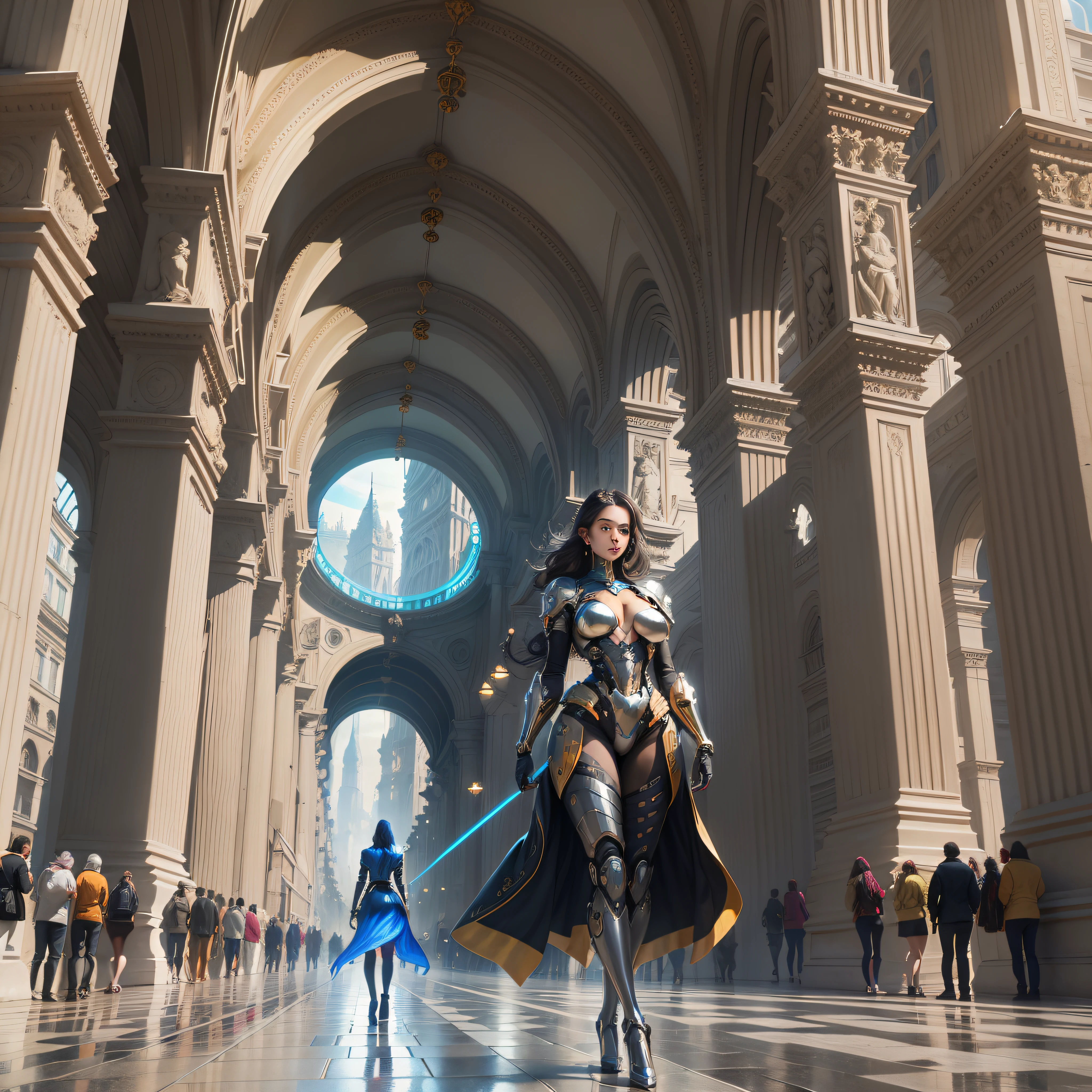 en un planeta desconocido una impresionante , exuberante y voluptuosa mujer androyde cyborg, Stroll through its bright pavement observing the immense buildings of great technology and fantastic design with colors of the luminous arch and abundance of silver, oro y bronce en sus edificacione