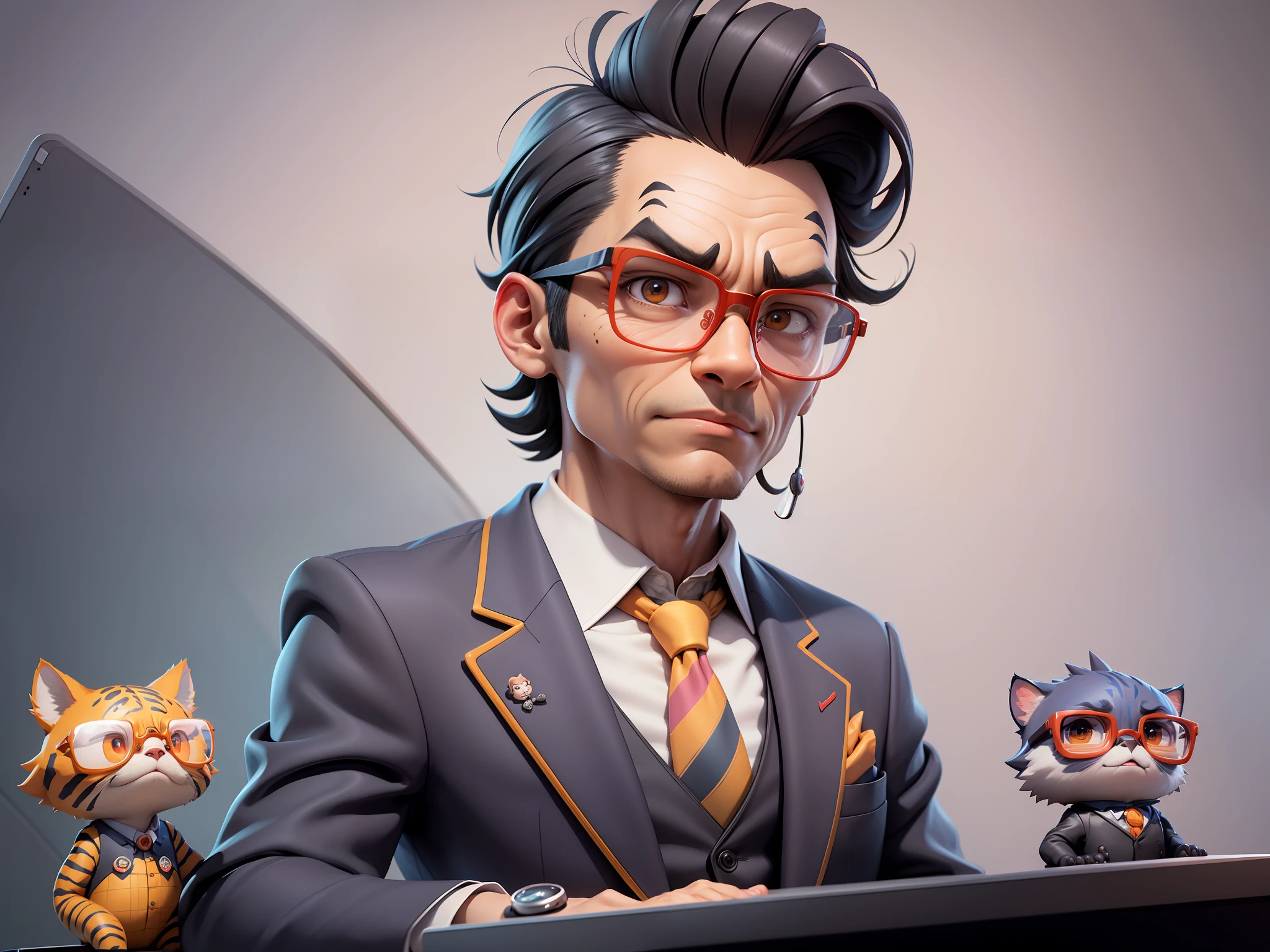 A young man in a suit, Short hair and glasses sat at his desk,holding laptop,digitial painting,tigre,3D character design by Mark Clairen and Pixar and Hayao Miyazaki and Akira Toriyama,4K HD illustration,Very detailed facial features and cartoon-style visuals。