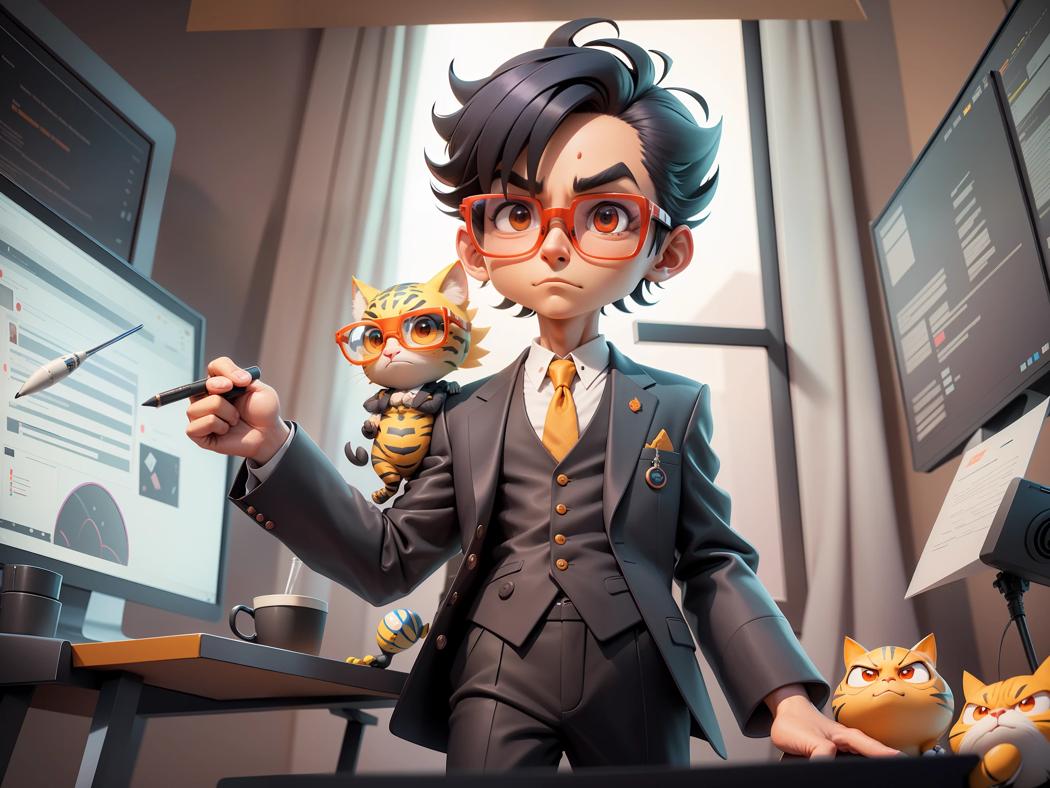 A young man in a suit, Short hair and glasses sat at his desk,holding laptop,digitial painting,tigre,3D character design by Mark Clairen and Pixar and Hayao Miyazaki and Akira Toriyama,4K HD illustration,Very detailed facial features and cartoon-style visuals。