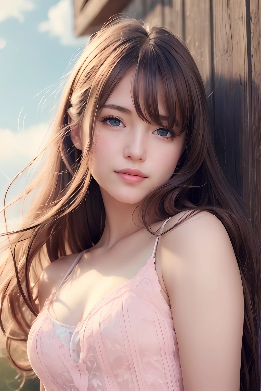 (8k, Best Quality, Masterpiece:1.2), (Realistic, Photorealistic:1.37), Ultra Detail, 1 Girl,Cute,Solo,Beautiful Detailed Sky,Date,(Blush),(Smile:1.15),(Closed Mouth)Small Breasts,Beautiful Detailed Eyes,(Long Hair: 1.2),Floating Hair NovaFrogStyle, Upper Body, Tank Top