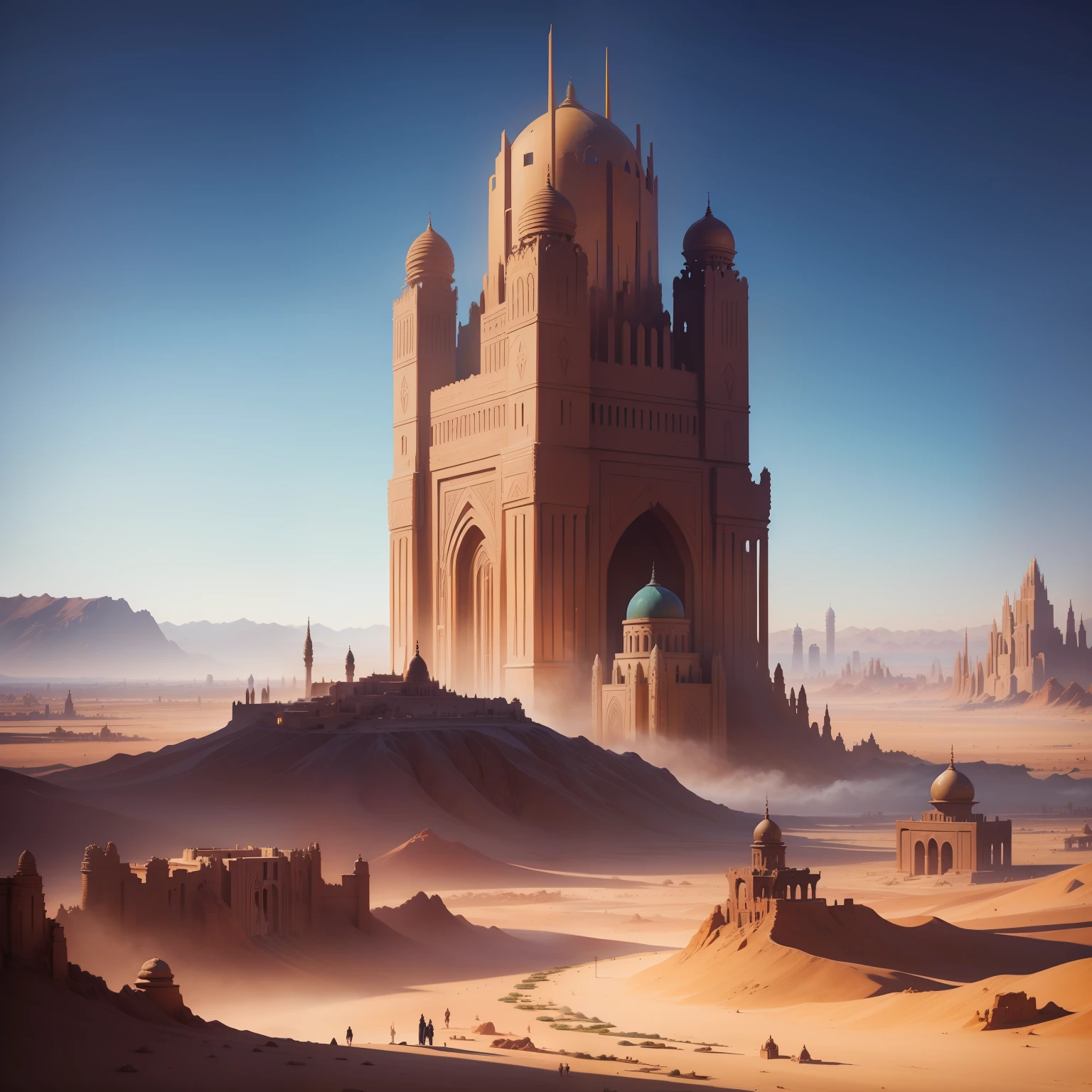 Create a landscape of a desert city , oriente , um grande templo ao fundo , uma grande cidade murada , rpg , fantasia , oil-painting, alto detalhamento, pessoas vivendo , guardas