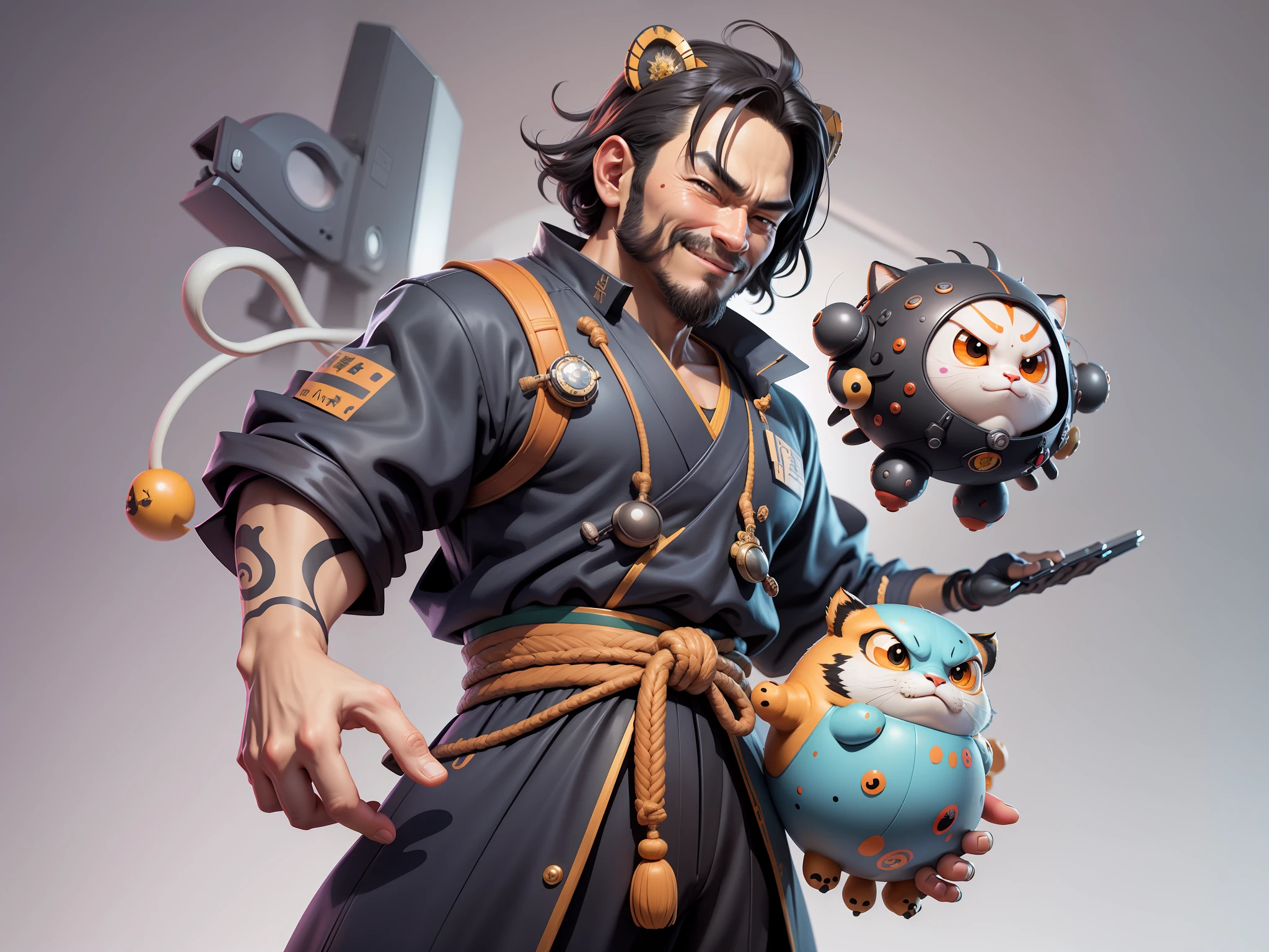 (Daisaku),(Need),(Super meticulous),(full bodyesbian:1.2),Super young man with Japanese geisha,Beautiful,orient,one tiger,Aeolian Thor,Raised sexy,爆乳,Oriental face,TV Anchor,Bust portrait illustration,In black suit,a blue tie,The face is slightly chubby,The face was clean,without a beard,Black super short hair,Black eyes,Smile confidently,3C computer sub-products,iPad, iphone,Digital painting,3D character design by Mark Clairen and Pixar and Hayao Miyazaki and Akira Toriyama,The illustration is a high-definition illustration in 4K resolution,With very detailed facial features and cartoon-style visuals。