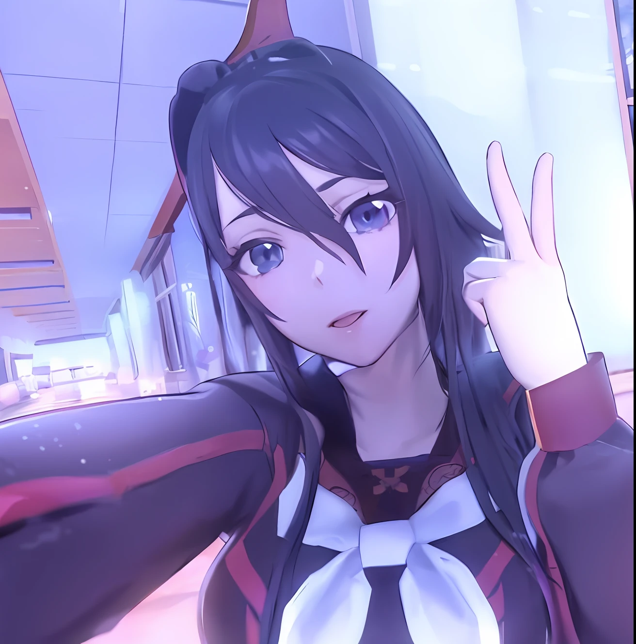 Anime girl with long black hair and a white collar shirt, Impacto de Ayaka Genshin, Personagem de videogame Katana Zero, Do videogame Azur Lane, Hanayamata, ayaka jogo genshin impact, com o dedo indicador, Estilo anime 3D realista, Neo Preto, tou, Yata Hana, anime estilo 3d