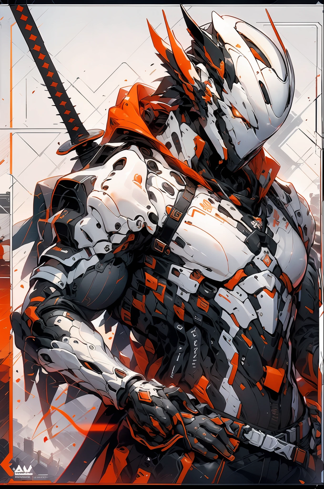 a poster of a demonic looking man holding a sword in front of a red background, poster art by Marek Okon, trending on Artstation, conceptual art, artstation masterpiece, from arknights, key art, anime poster, official poster, profile picture 1024px, reaper from overwatch, ares with heavy armor and sword, corvo attano