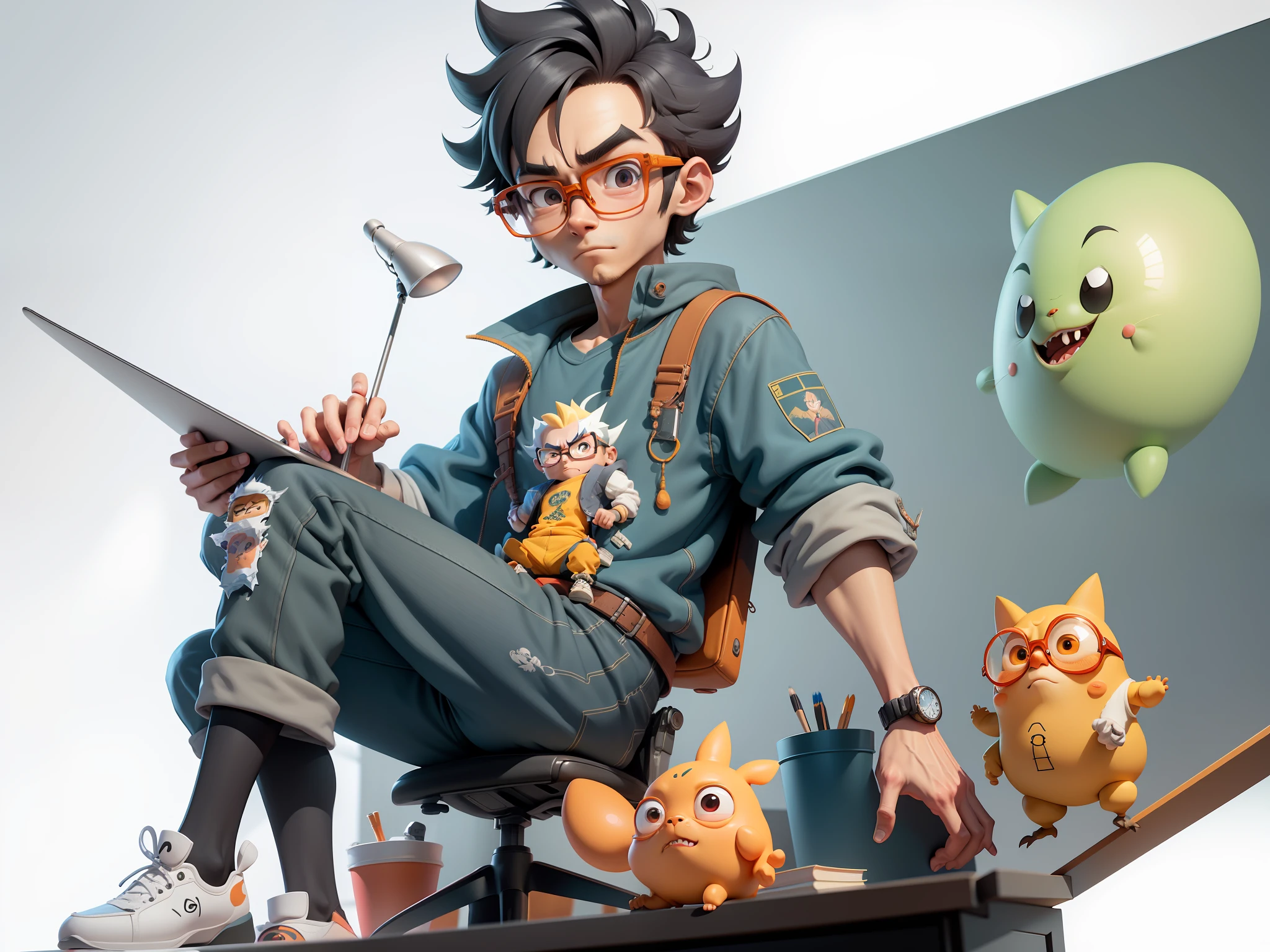 A young man with glasses sits at his desk，holding laptop，digitial painting，3D character design by Mark Clairen and Pixar and Hayao Miyazaki and Akira Toriyama，4K HD illustration，Very detailed facial features and cartoon-style visuals。