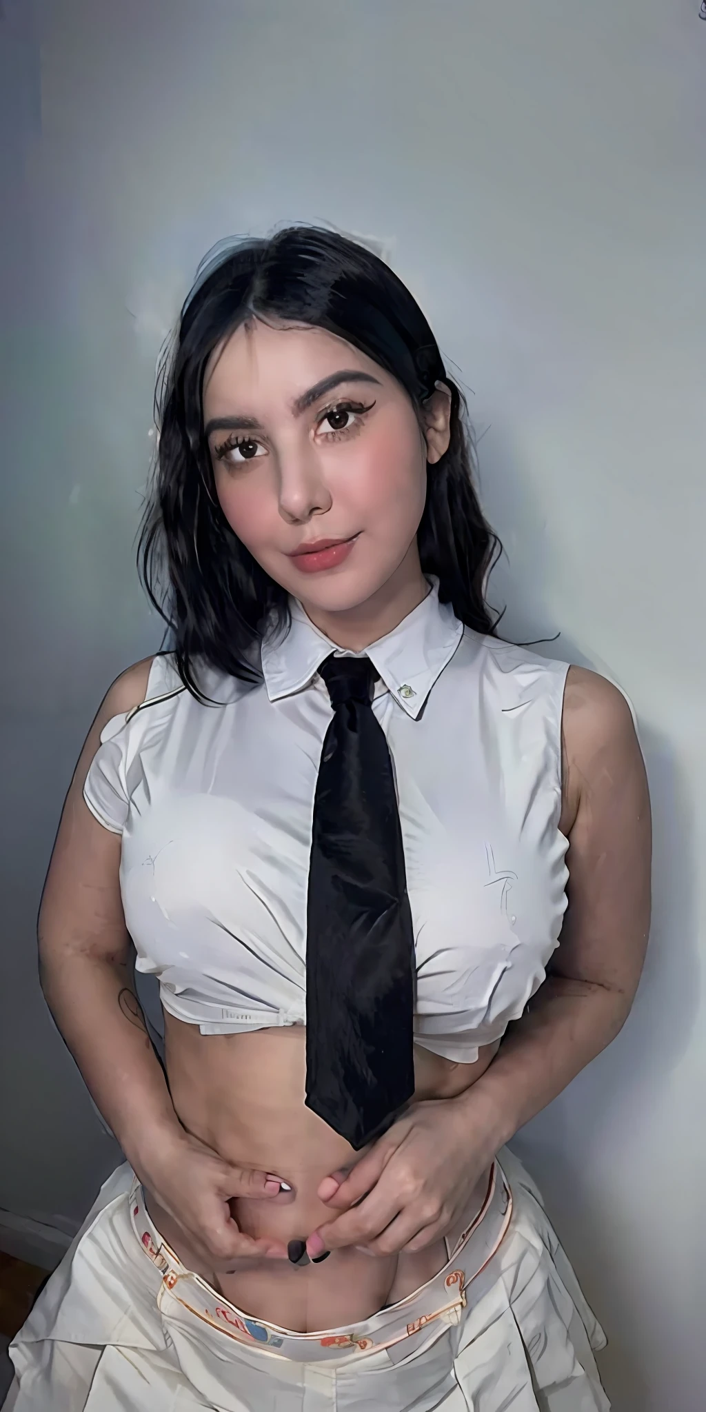 (masterpiece:1.3), (8k, photorealistic, RAW photo, best quality: 1.4), (1girl), beautiful face, (realistic face), (black hair, short hair:1.3), beautiful hairstyle, realistic eyes, beautiful detailed eyes, long eyelashes, (realistic skin), beautiful skin, medium breasts, (perfect body:1.3), (detailed body:1.2), (white collared shirt), (black pleated skirt), (necktie), absurdres, attractive, ultra high res, ultra realistic, highly detailed, golden ratio