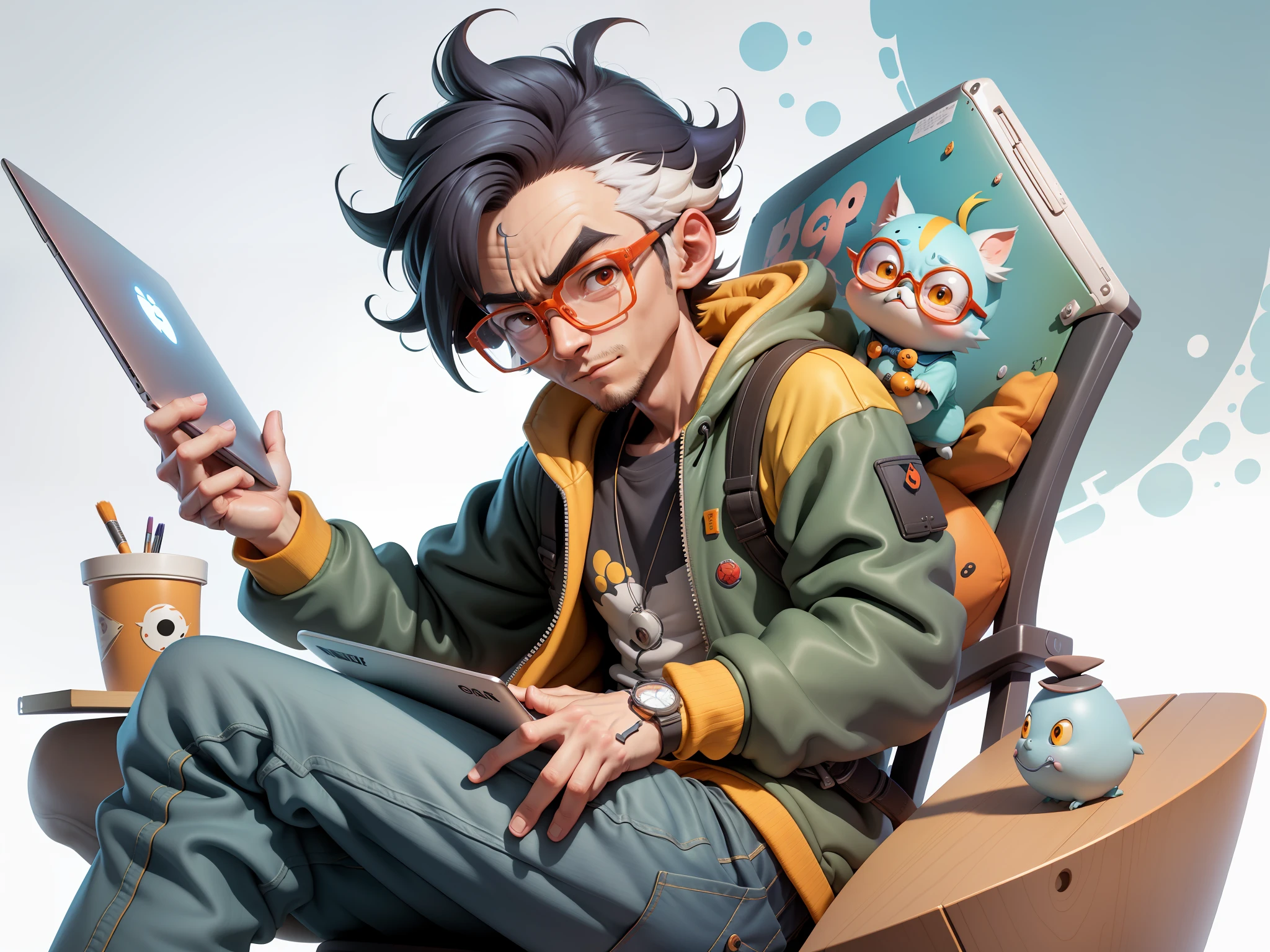 A young man with glasses sits at his desk,holding laptop,digitial painting,3D character design by Mark Clairen and Pixar and Hayao Miyazaki and Akira Toriyama,4K HD illustration,Very detailed facial features and cartoon-style visuals。