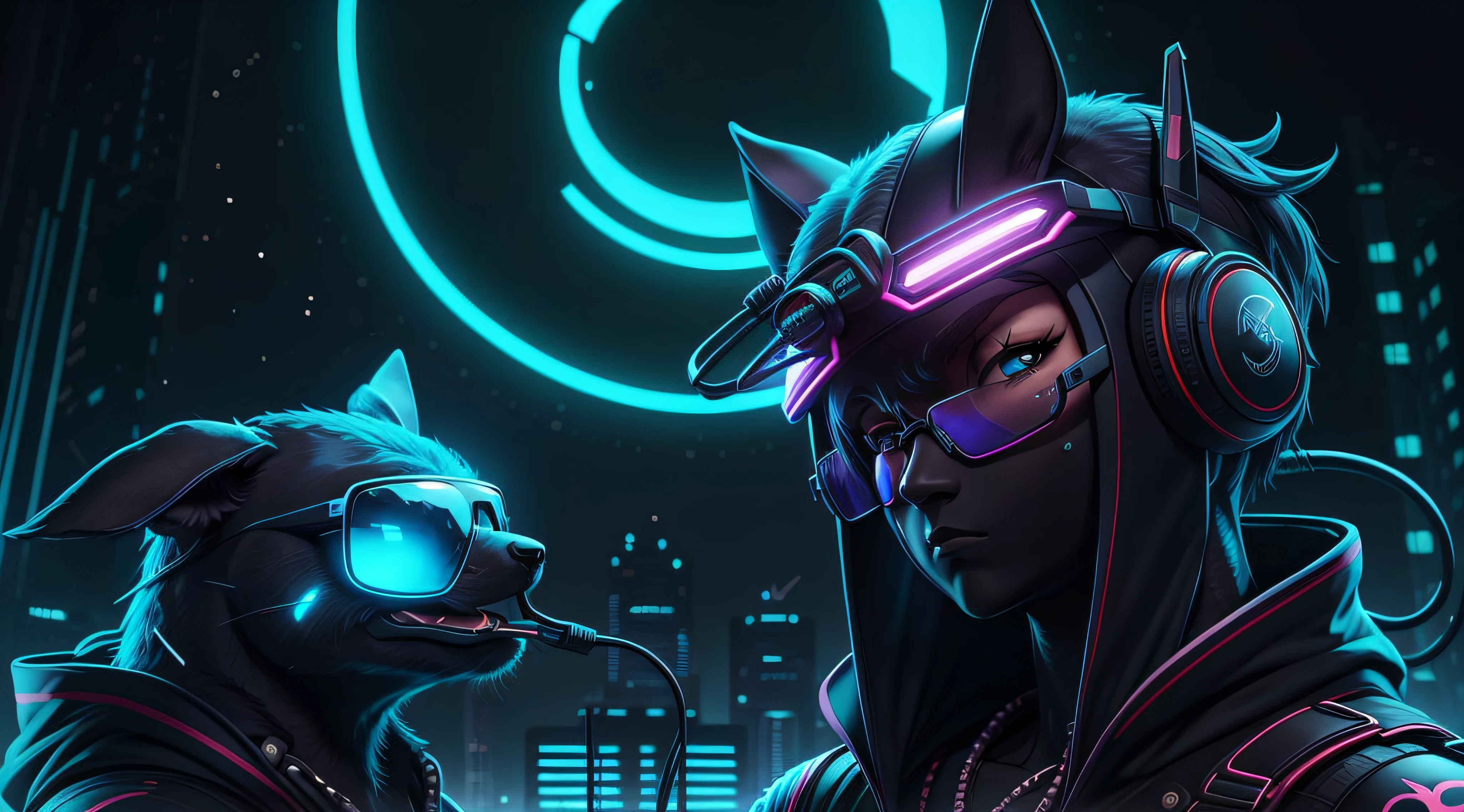 Animais ultra realistas, usando oculos com fone de ouvido completo, fundo ciberpunk 4k