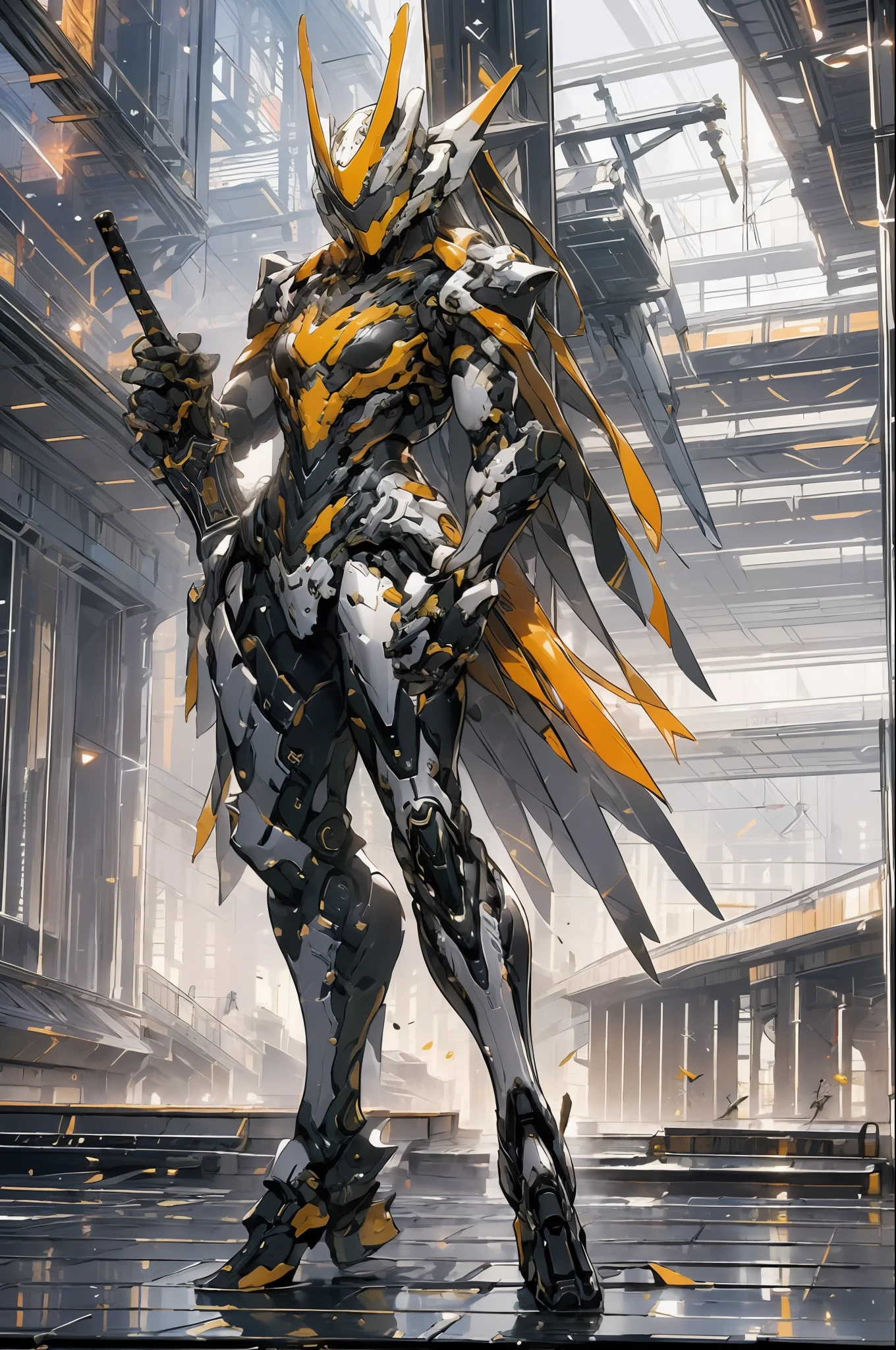 a close up of a mecha holding a sword, exquisite warframe fanart, warframe art, warframe destiny art, trending on artstationhq, trending on artstationh, warframe destiny fanart, detailed warframe fanart, warframe fanart, high quality warframe fanart, trending on artstation hd, trending on artstation hq, warframe concept art