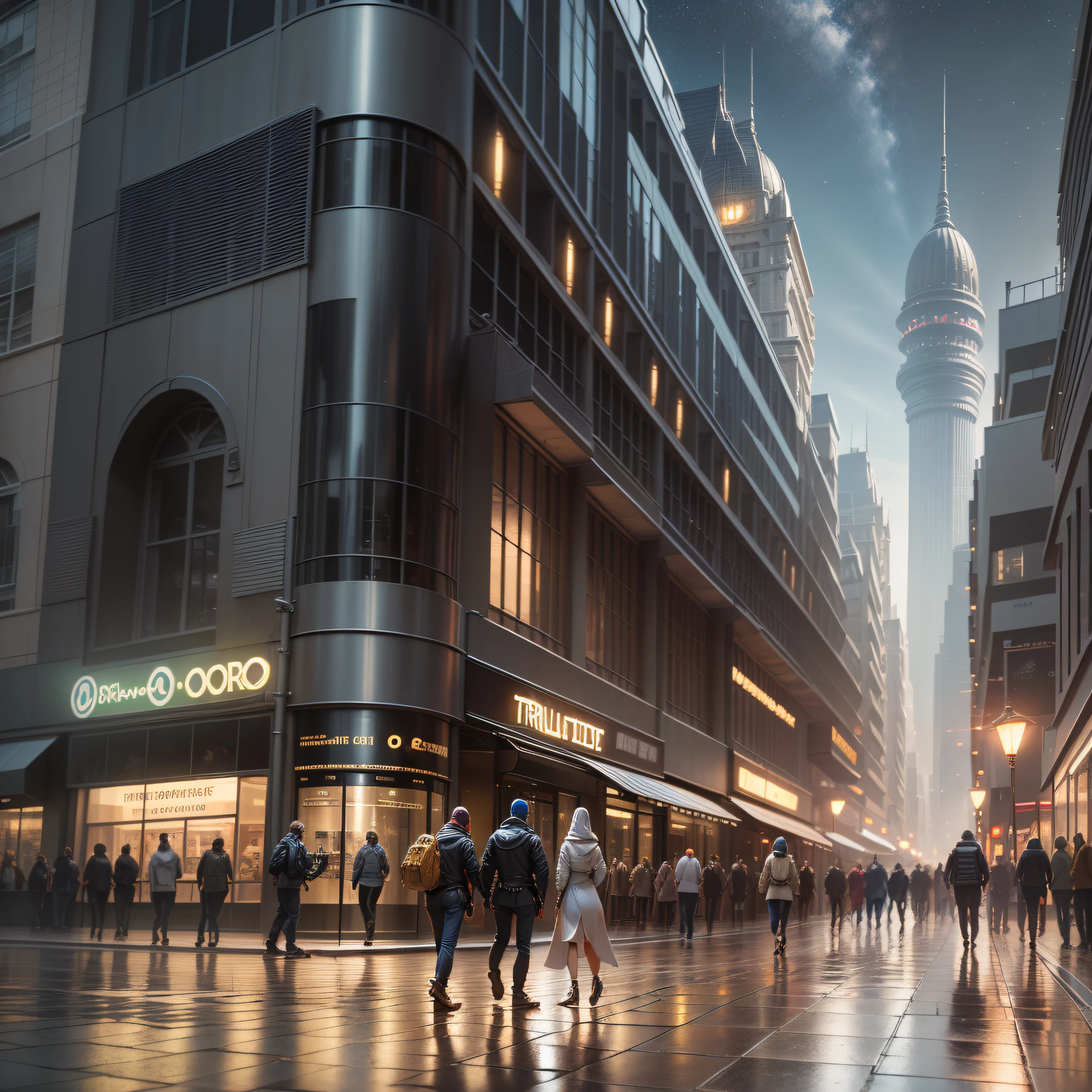 en un planeta desconocido la tripulacion de una spacecraft, (They walk through the brilliant pavement observing the immense buildings of great technology and fantastic design with colored lights in the architecture and abundance of silver, oro y bronce en sus edificaciones).