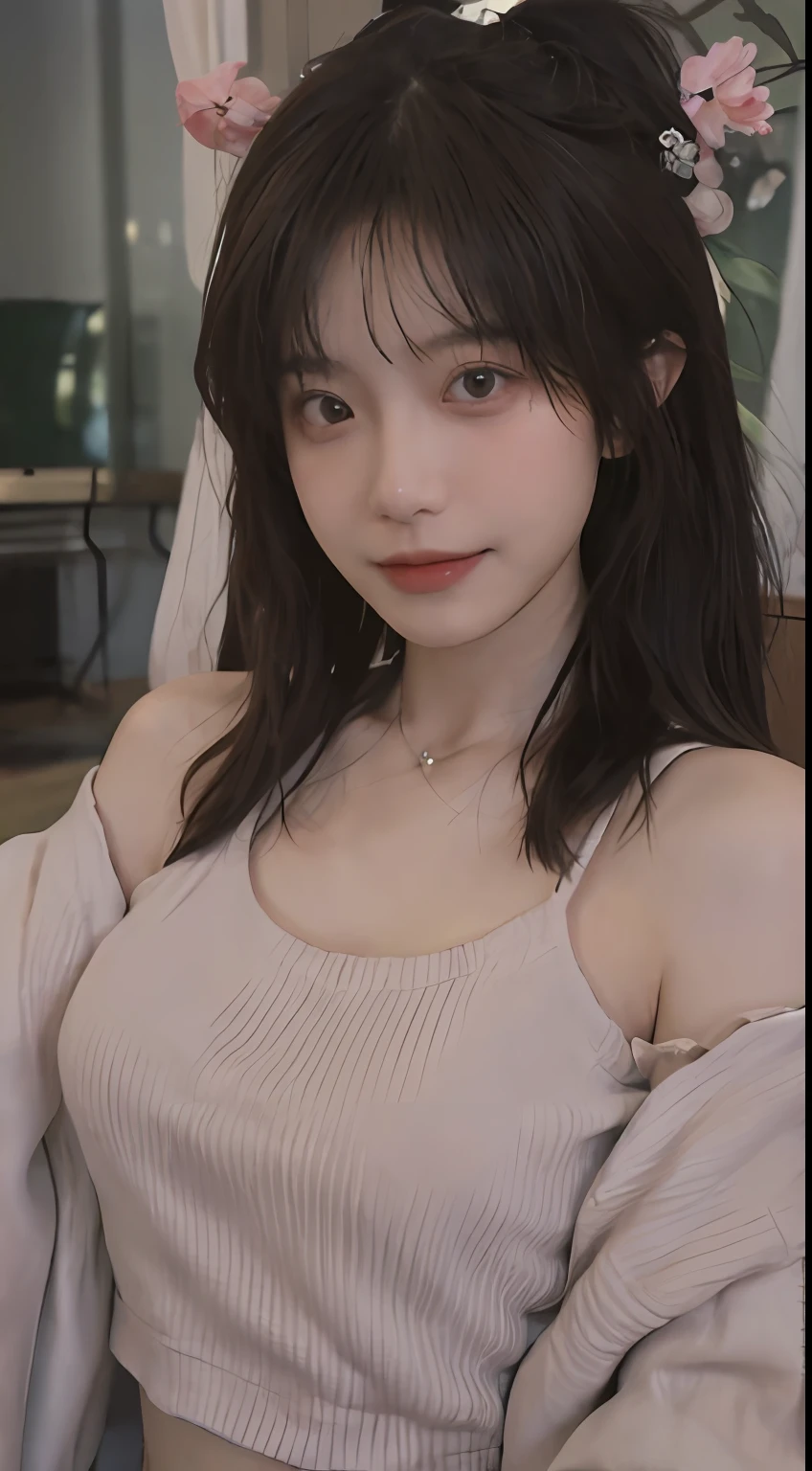 best qualtiy, 超高分辨率, (realisticlying:1.4),cute hairpin,Baoyu Girl,1girll, Raised sexy,a sense of atmosphere,Royal Sister,Beautiful woman with a slim figure:1.4, Abs:1.2, (with short brown hair, mideum breasts:1.3), Pink cropped sweater:1.4, 浴室,Ultra-fine face,Elaborate Eyes,二重まぶた,ssmile,choker necklace