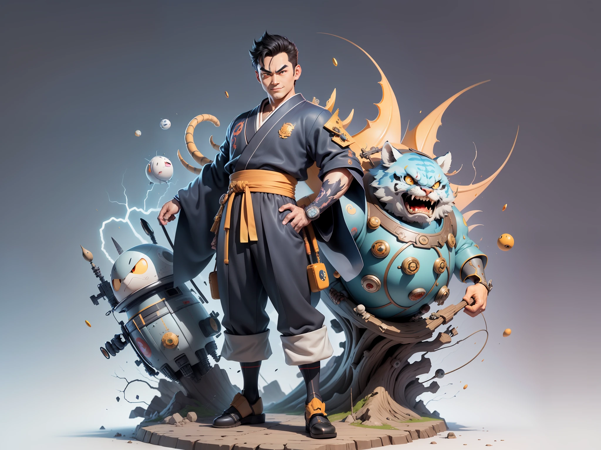 (Masterpiece), (Excellent), (Super Meticulous), (Full Body: 1.2), Super Young Man, Oriental Face, Japanese Kimono, Japanese Wind Thunder God, Dragon, Tiger, TV Anchor, Bust Portrait Illustration, Alone, Black Suit, Blue Tie, Slightly Chubby Face, Very Clean Face, No Beard, Black Super Short Hair, Black Eyes, Confident Smile, 3c Computer Sub-Products, iPad, iPhone, Digital Painting, 3D Character Design by Akira Toriyama and Mark Claireden and Pixar and Hayao Miyazaki, The illustration is a high-definition illustration in 4K resolution with very detailed facial features and cartoon-style visuals.