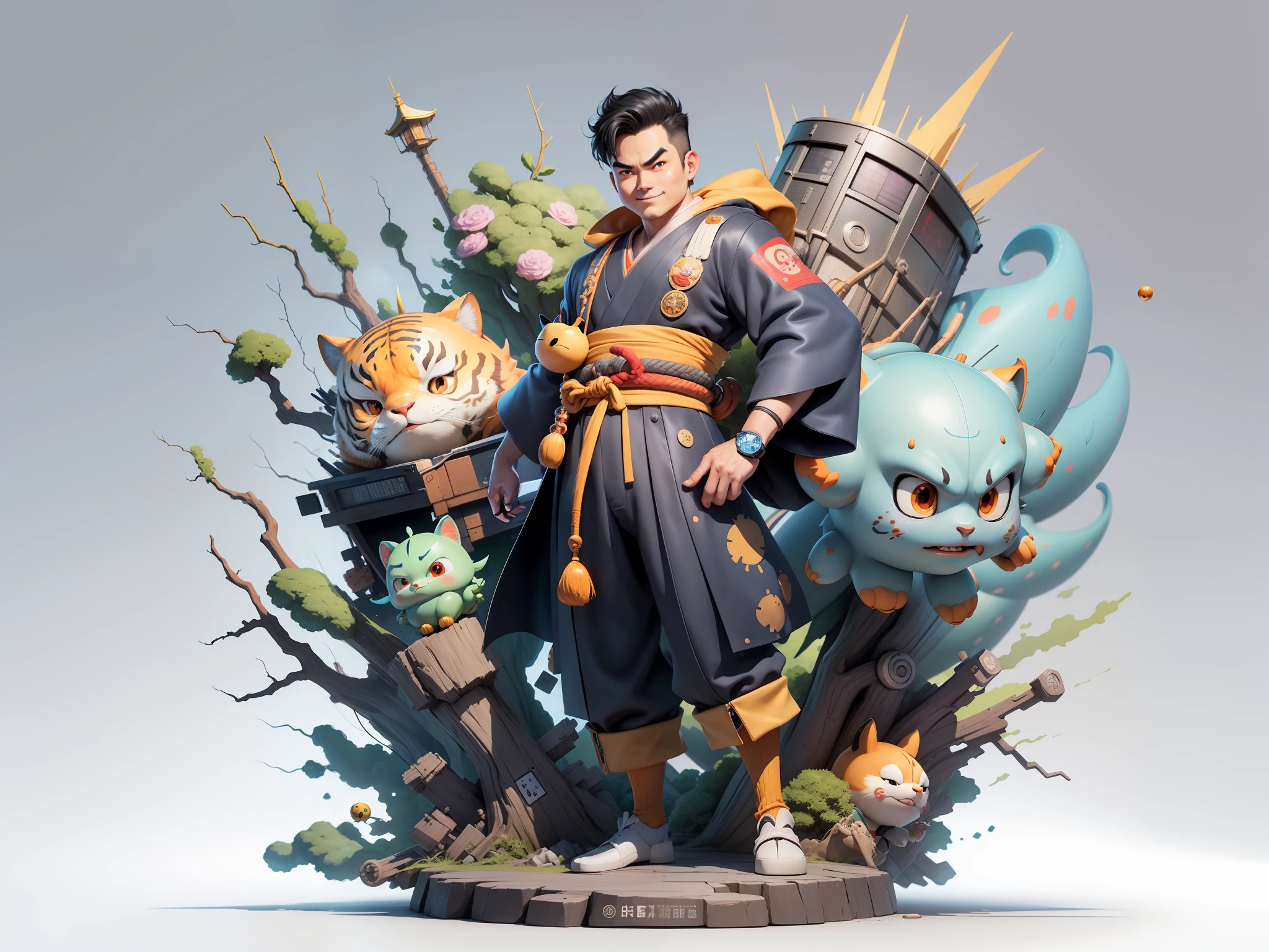 (Masterpiece), (Excellent), (Super Meticulous), (Full Body: 1.2), Super Young Man, Oriental Face, Japanese Kimono, Japanese Wind Thunder God, Dragon, Tiger, TV Anchor, Bust Portrait Illustration, Alone, Black Suit, Blue Tie, Slightly Chubby Face, Very Clean Face, No Beard, Black Super Short Hair, Black Eyes, Confident Smile, 3c Computer Sub-Products, iPad, iPhone, Digital Painting, 3D Character Design by Akira Toriyama and Mark Claireden and Pixar and Hayao Miyazaki, The illustration is a high-definition illustration in 4K resolution with very detailed facial features and cartoon-style visuals.