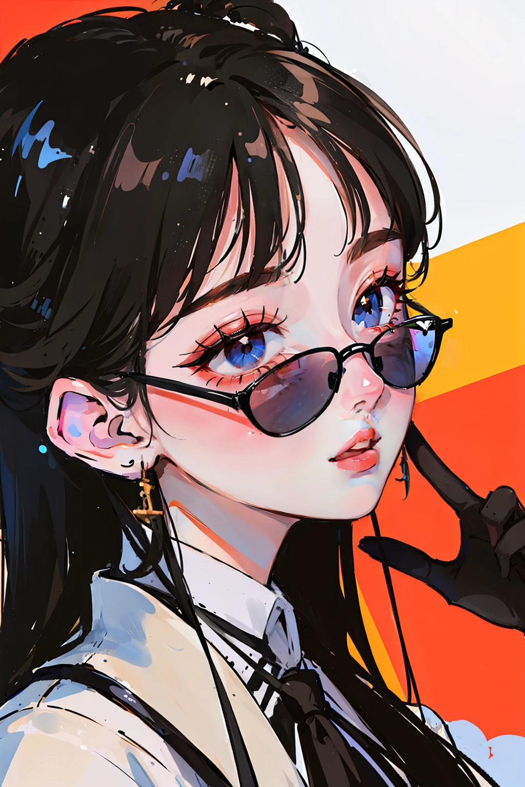 (Portraits:1.4), (masterpiece:1.2, best quality:1.2), from above, upper body, 1girl, Look up, face focus, extremely detailed face, extremely detailed eyes, good-looking, make up, finger on lips, sunglasses, fashion wear, earrings,