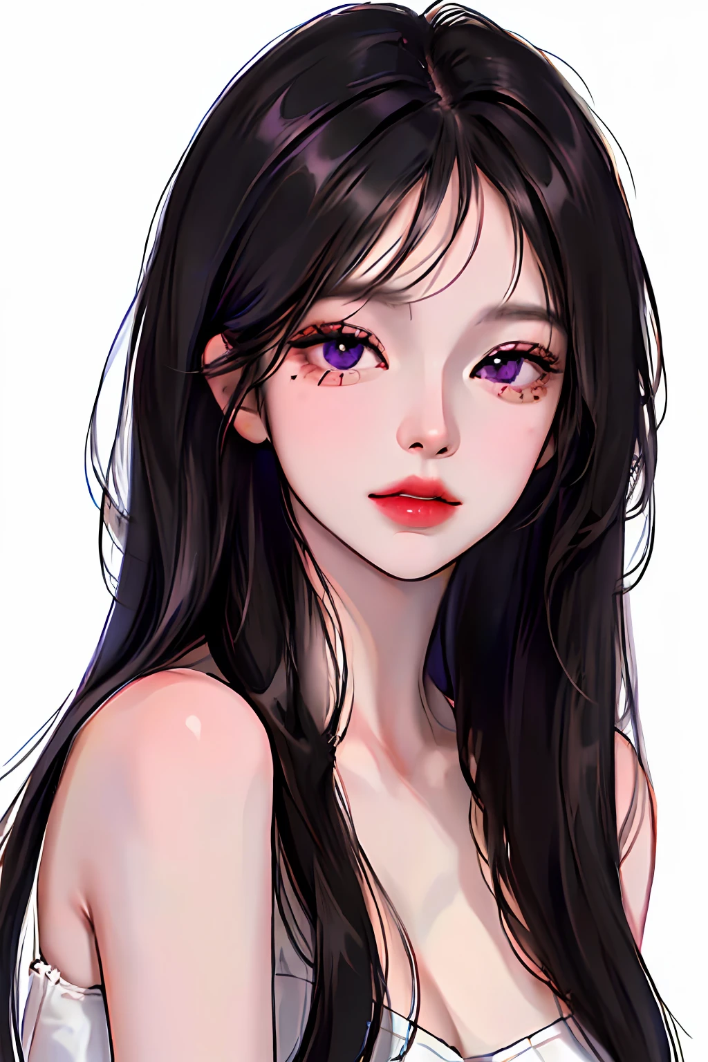 (highest resolution, distinct_image) The best quality, a woman, masterpiece, highly detailed, (semi-realistic), long black hair, long straight hair, black hair bangs, purple eyes, mature, cherry glossy lips, white background, close-up portrait, solid circle eyes, minimalistic