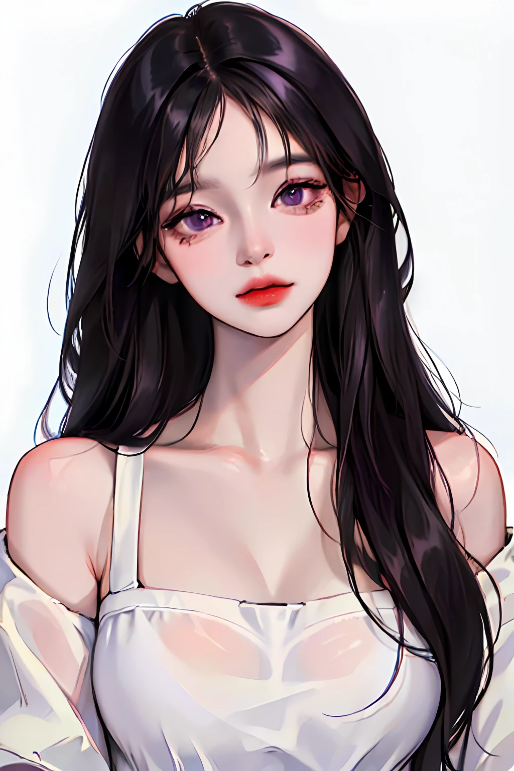 (highest resolution, distinct_image) The best quality, a woman, masterpiece, highly detailed, (semi-realistic), long black hair, long straight hair, black hair bangs, purple eyes, mature, cherry glossy lips, white background, close-up portrait, solid circle eyes, minimalistic