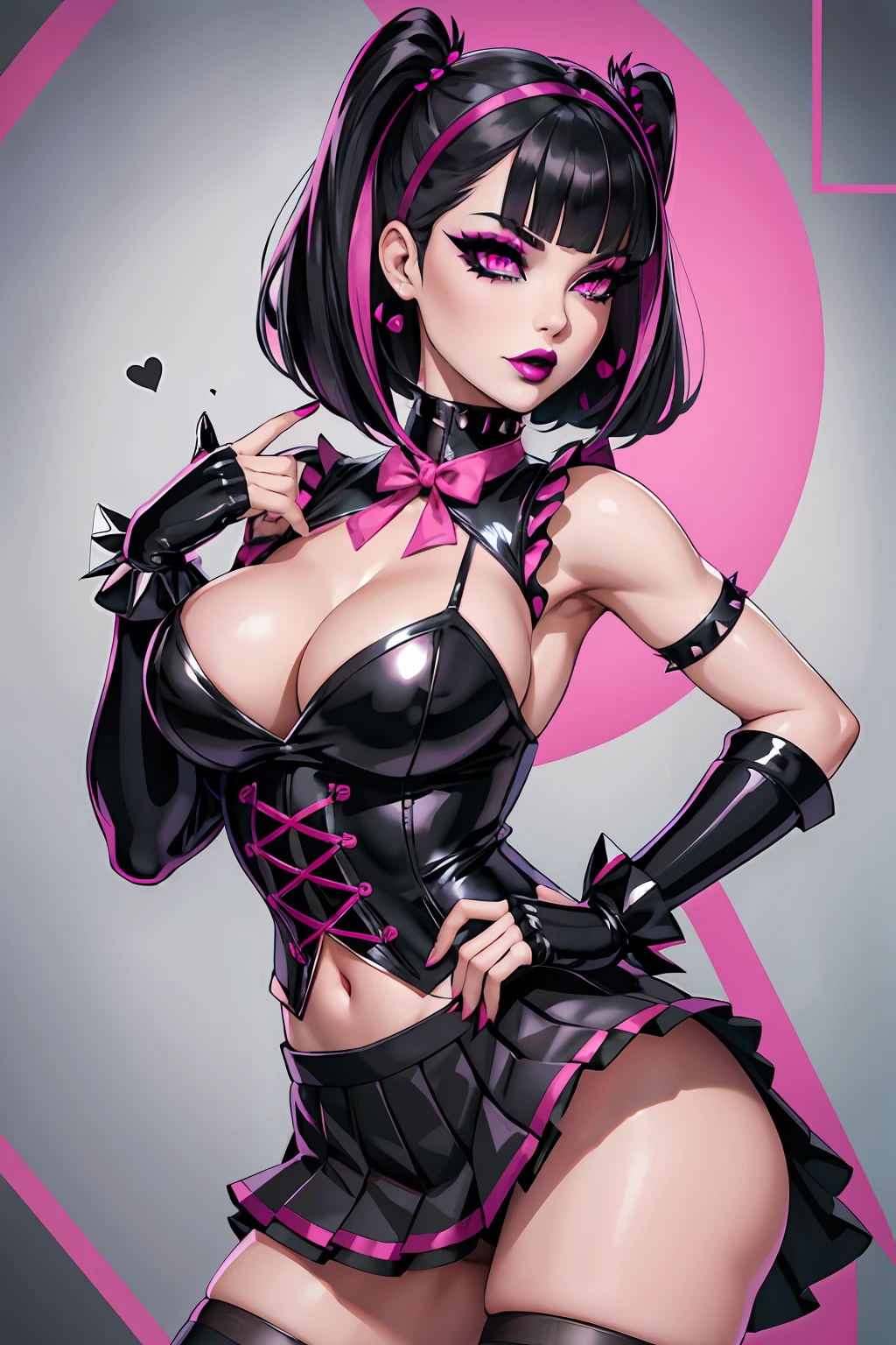 Goth Barbie girl pink blouse black pleated skirt short fishnet stocking fishnet glove pink and black makeup pink eyeshadow big eyeliner black lipstick spikes Black medium hair with bangs White pale skin gothic goth subculture goth barbie